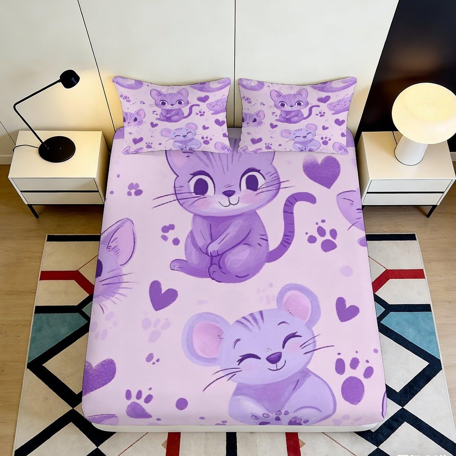 3D Printed Purple Cute Mouse Fitted Sheet Microfiber Cartoon Animal Bed Sheet Anti-Slip Easy Care for Bedroom Dorm Mattress Cover 90x200x25cm