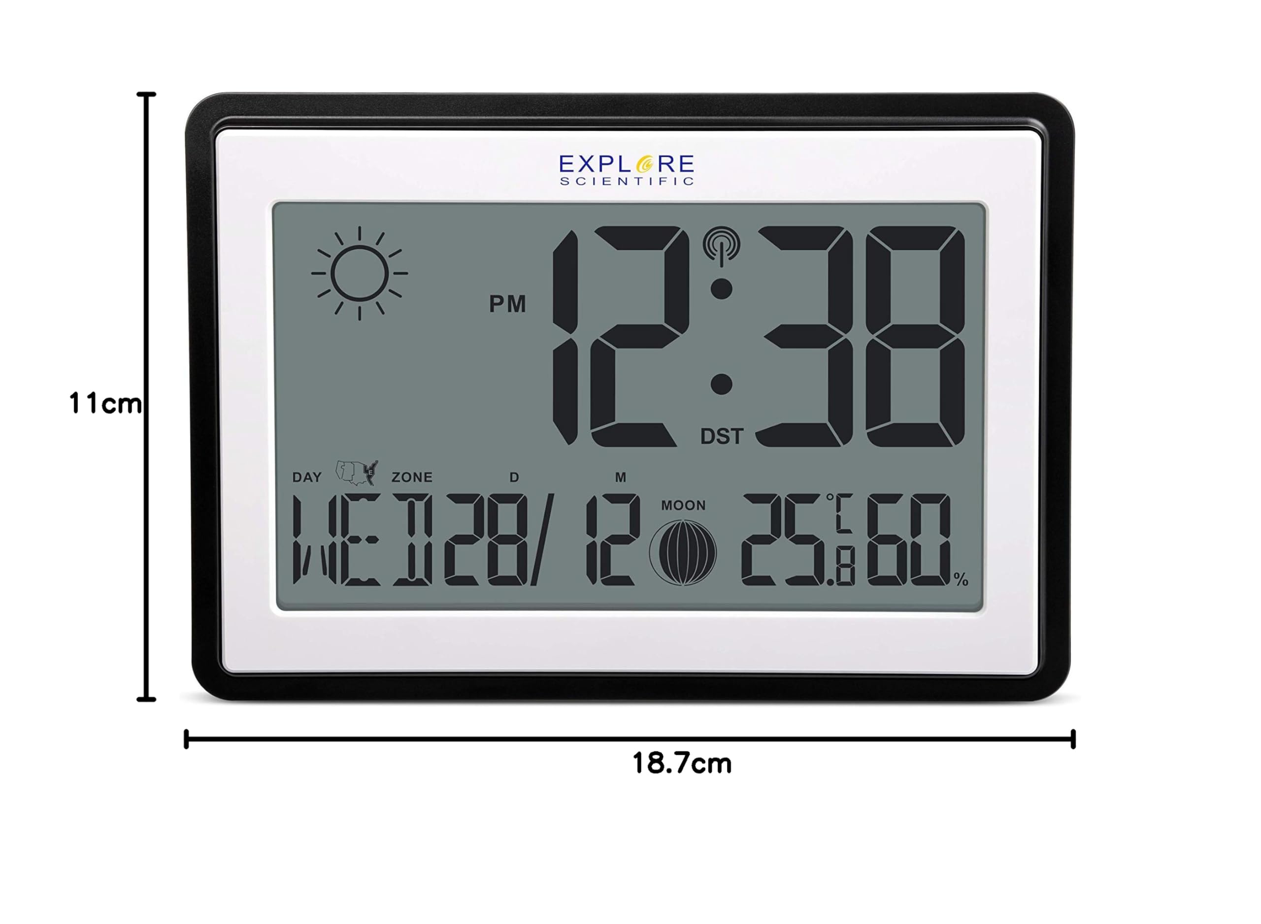 Explore Scientific große Funk-Wetteruhr für Wand und Tisch mit DCF Funkuhr, Thermometer und Hygrometer, schwarz, Large, RDC8002CM3000