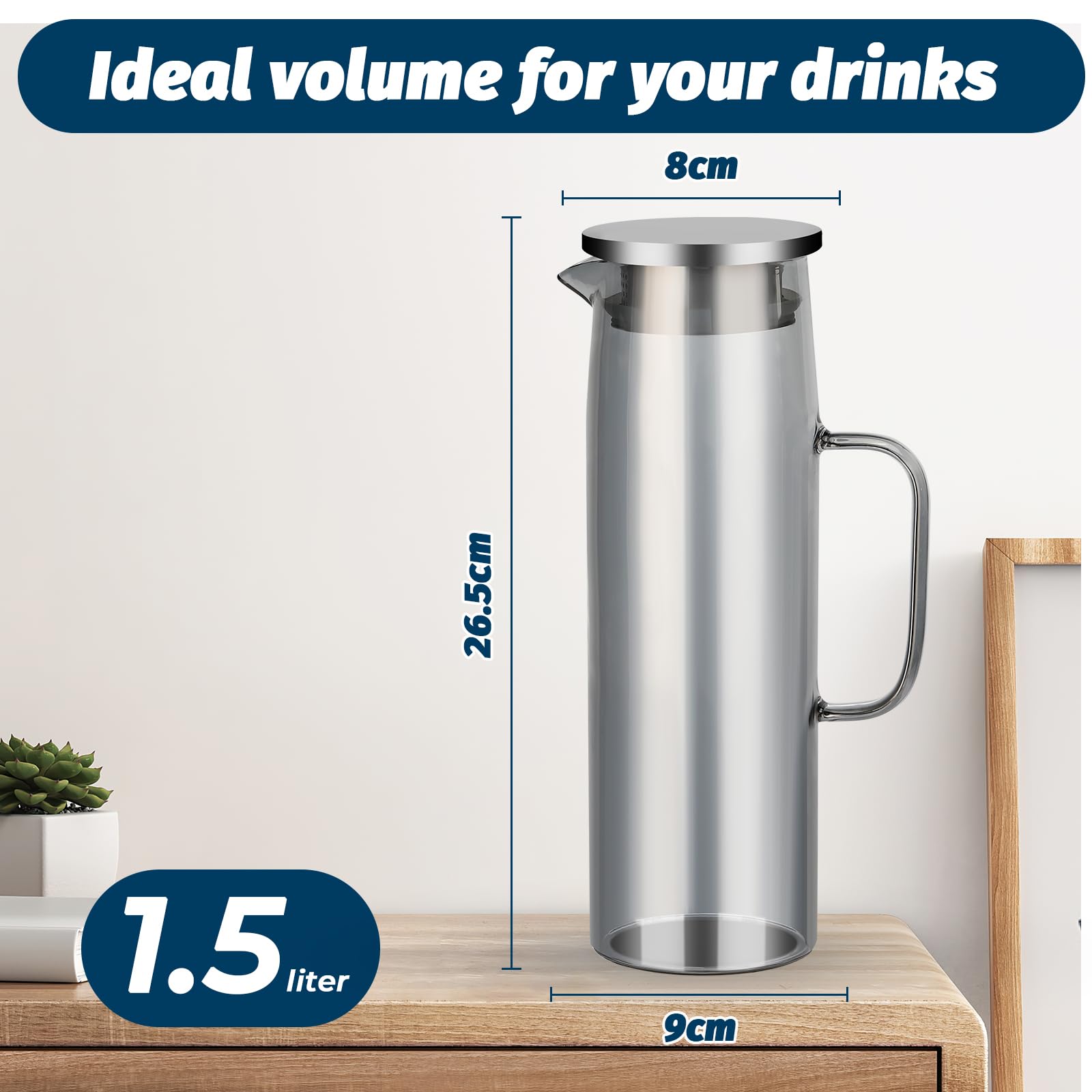 Caraffa In Vetro Borosilicato 1.5L Con Coperchio - Per Acqua, Vino, Tè Freddo E Bevande Calde/Fredde - Foto 8