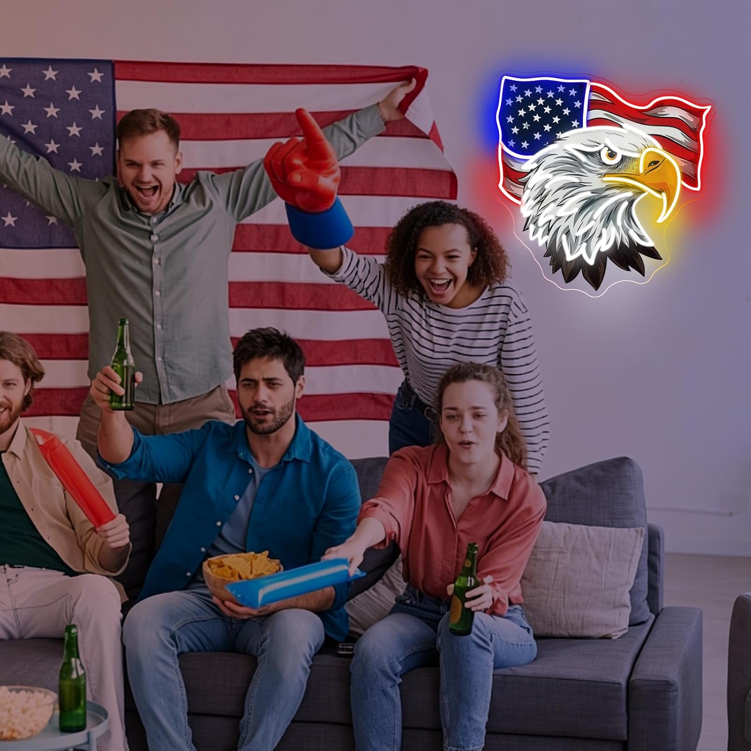 American Eagle Flag Neon Sign, Dimmable USB LED Light for 4th of July Patriotic Home, Bar & Backyard Party Wall Decor