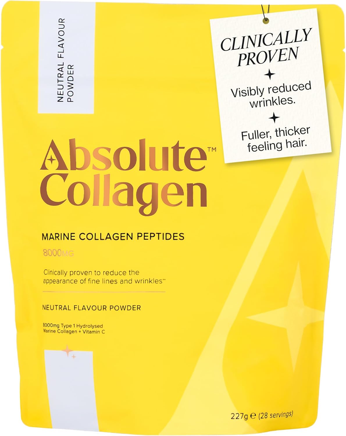 Absolute Collagen Marine Collagen Powder Supplement Pouch 227g (28 Servings) – High-Grade Marine Collagen Peptides + Vitamin C – Boost Skin, Hair & Nails – 36 Calories, UK Made
