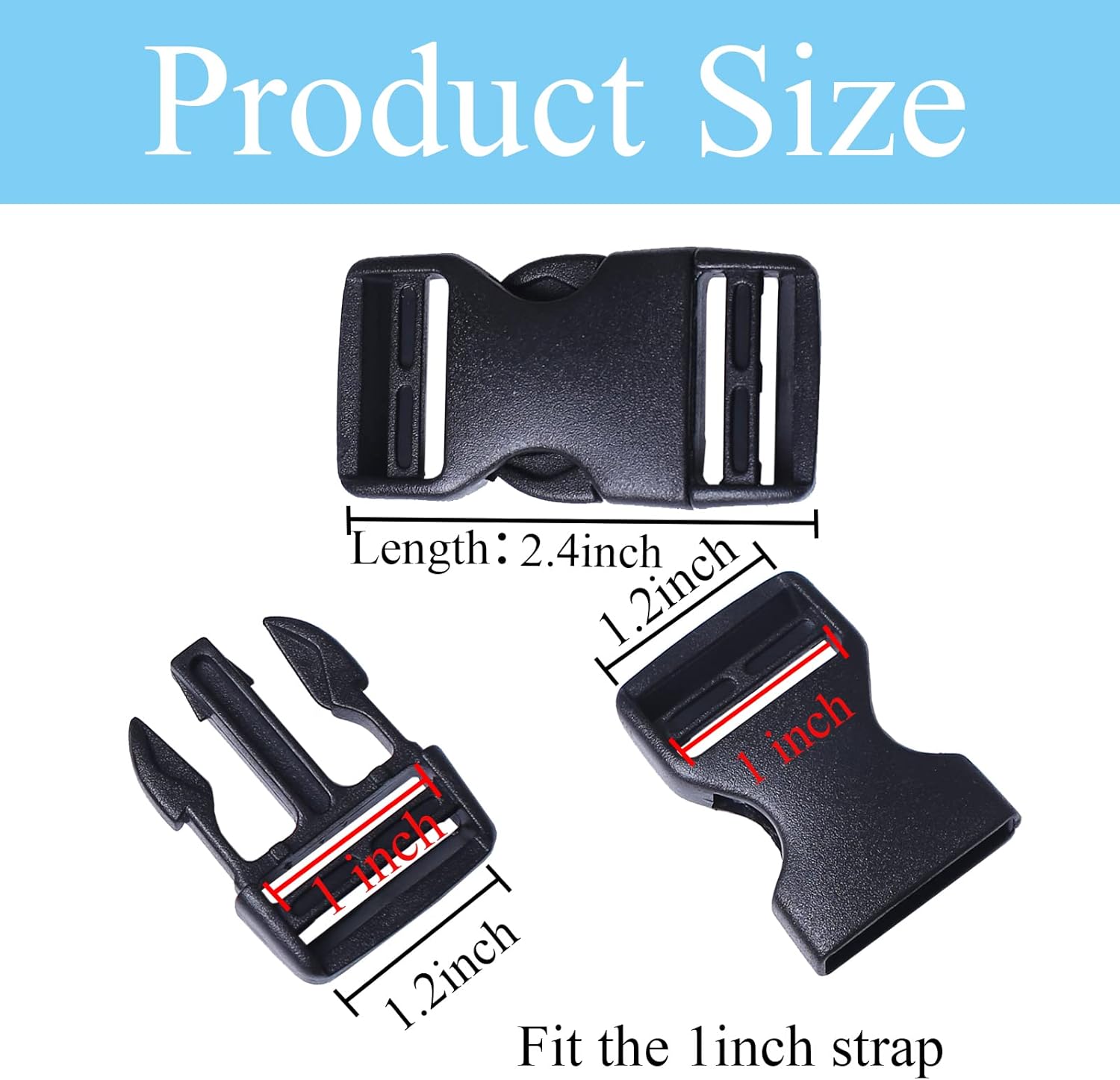 J.CARP 4 Pack 1" Wide Quick Side Release Buckles, Dual Adjustable No Sewing Slide Clips Snaps, Heavy Duty Plastic Replacement for Nylon Strap Backpack Nylon Webbing Belt Fanny Pack Pet Dog Collars - Image 2