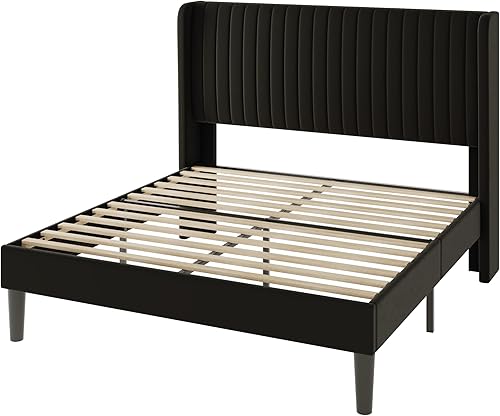Miniatura 9 de Allewie Queen Size Velvet Bed Frame/Vertical Channel Tufted Wingback Headboard/Upholstered Platform Bed/Strong Wooden Slats/No Box Spring
