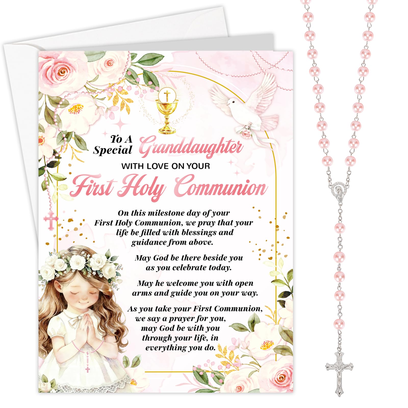 HOWAF First Holy Communion Card for Granddaughter, Congratulations Card & Rosary Beads Catholic Pearl Cross Necklace for 1st Holy Communion Gifts for Granddaughter