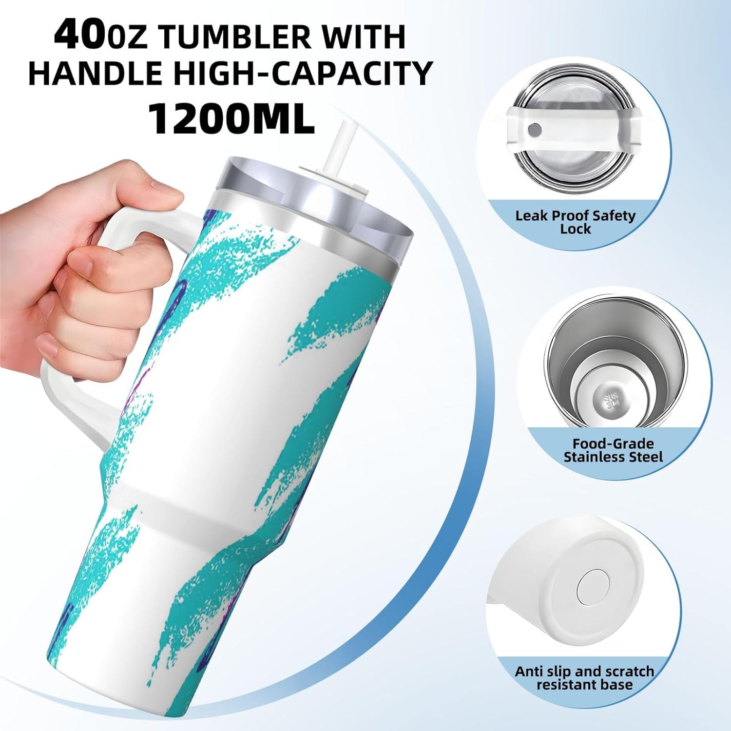 40 OZ 90's Cup Design Print Ice Bully Cup with Handle Straw Lid Straw,Stainless Steel Tumbler Coffee Cup