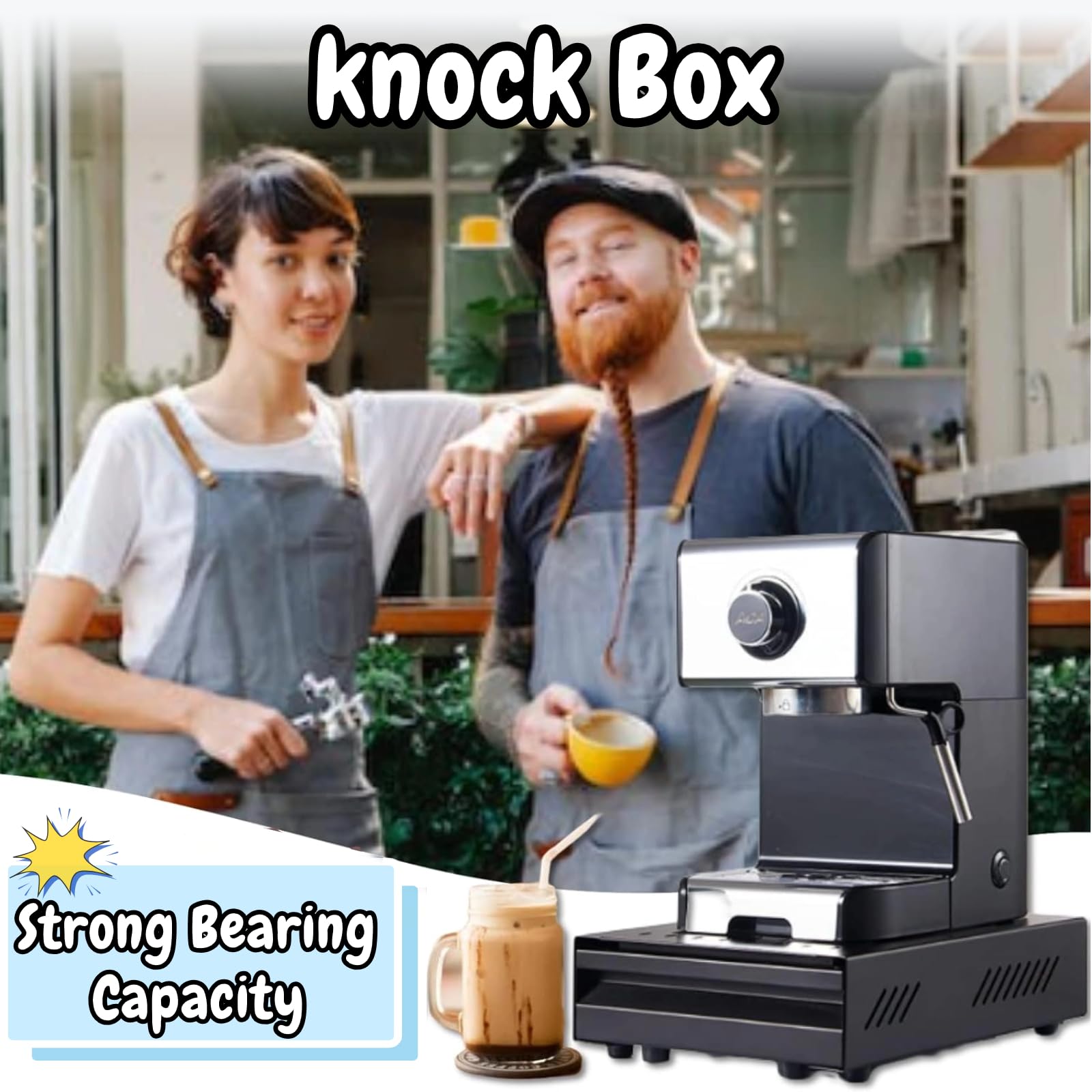 Knock Box, Stainless Steel Espresso Knock Box, Drawer Type Coffee Knock Box, Thickened Coffee Ground Container with Knock Stick (7.1 X 11 X 2in) (Black)