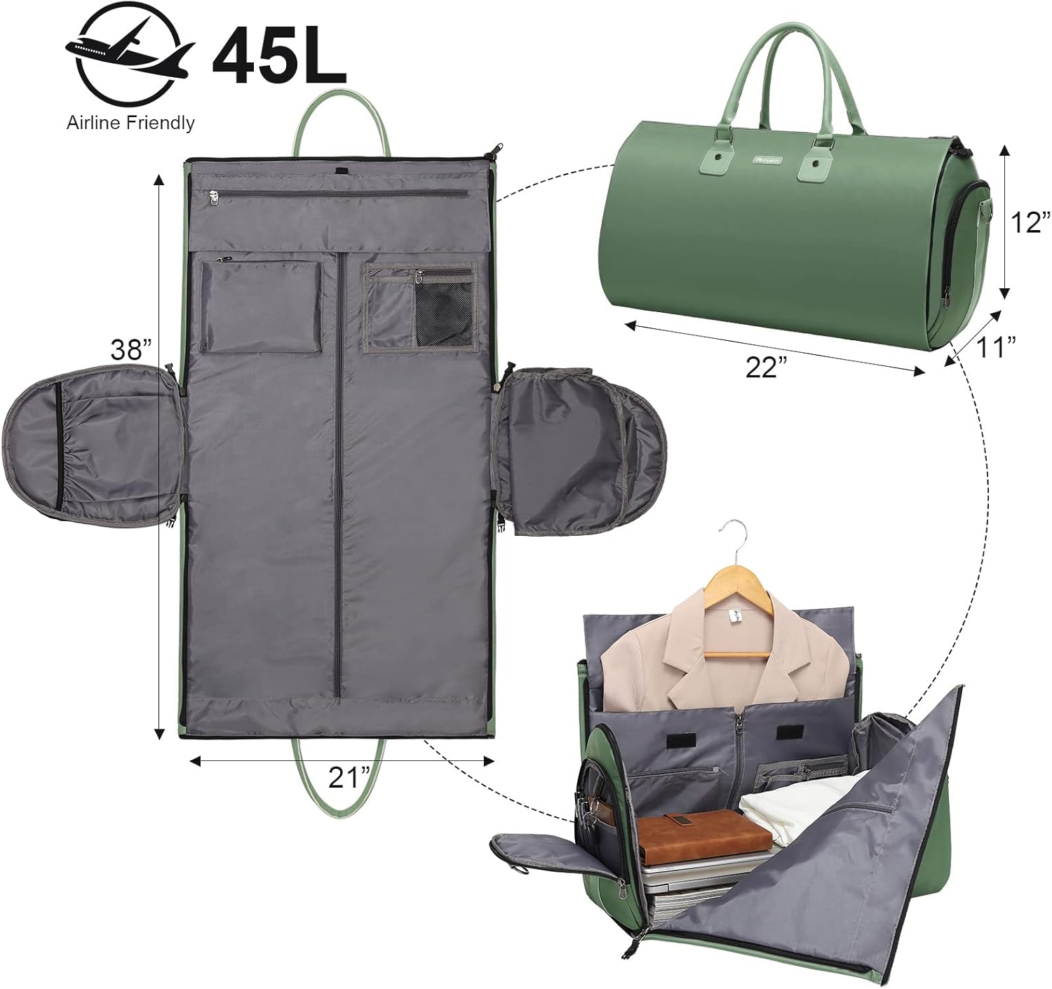 Modoker Eco-Friendly Convertible Garment Bags for Travel, Carry on Garment Duffel Bag for Women Men Weekender - 2 in 1 Hanging Suitcase Suit Travel Bags, Green - Image 2