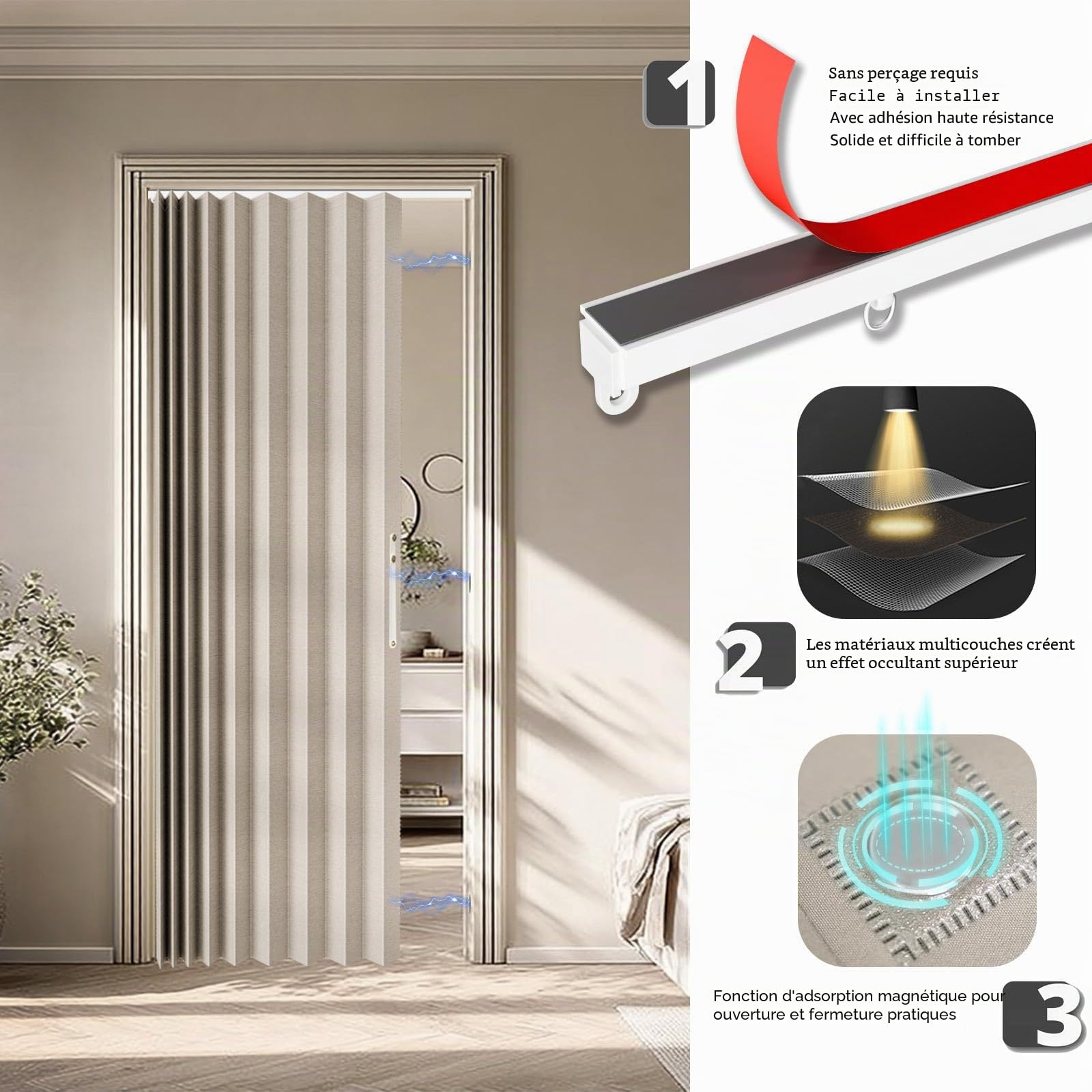 Jilron 100% Occultant pour Porte – Rideau Pliable Style Accordéon avec Fermeture Magnétique, Installation Adhésive sans Perçage, incl. Barre Adhésive, Occlusion & Protection Contre le Vent, Crème