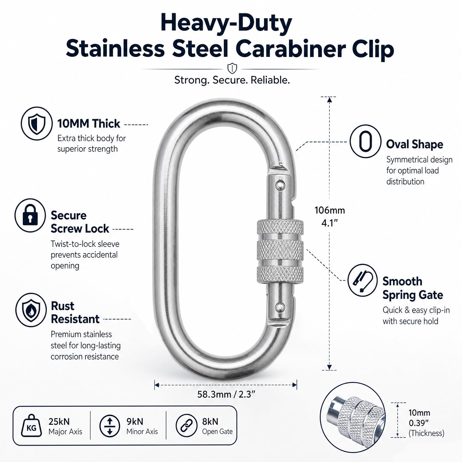 Heavy-Duty Stainless Steel Carabiner Clip – 10MM Oval Spring Snap Hook with Secure Screw Lock for Camping, Hiking, Outdoor Gear, and Utility Use 4