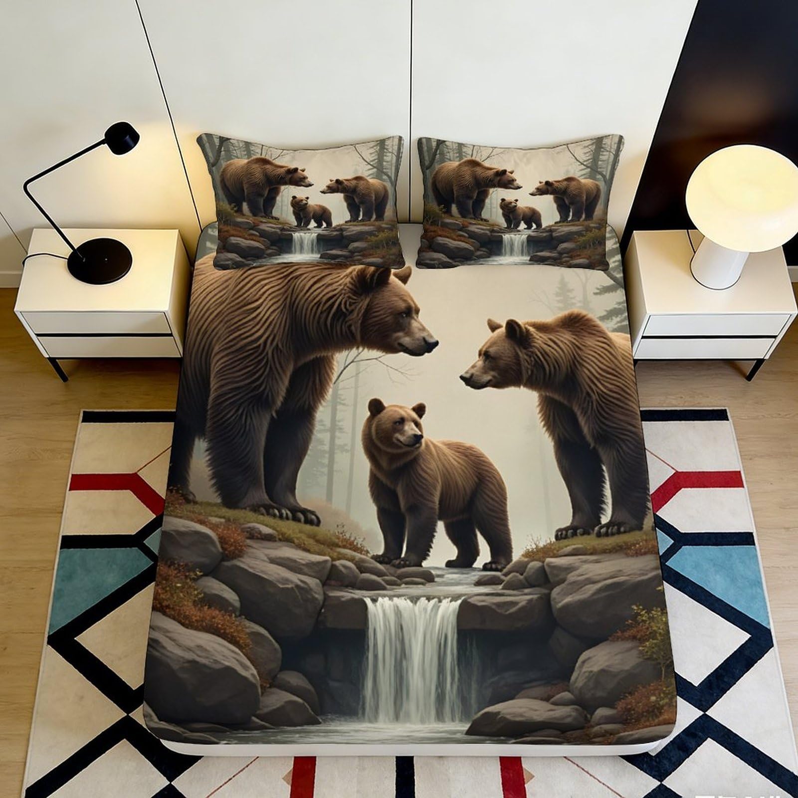 3D Printed Bear Family Fitted Sheet Microfiber Soft Durable 3D Printed Waterfall Mattress Cover for Bedroom Dormitory Home Decor Protection 180x200x25cm