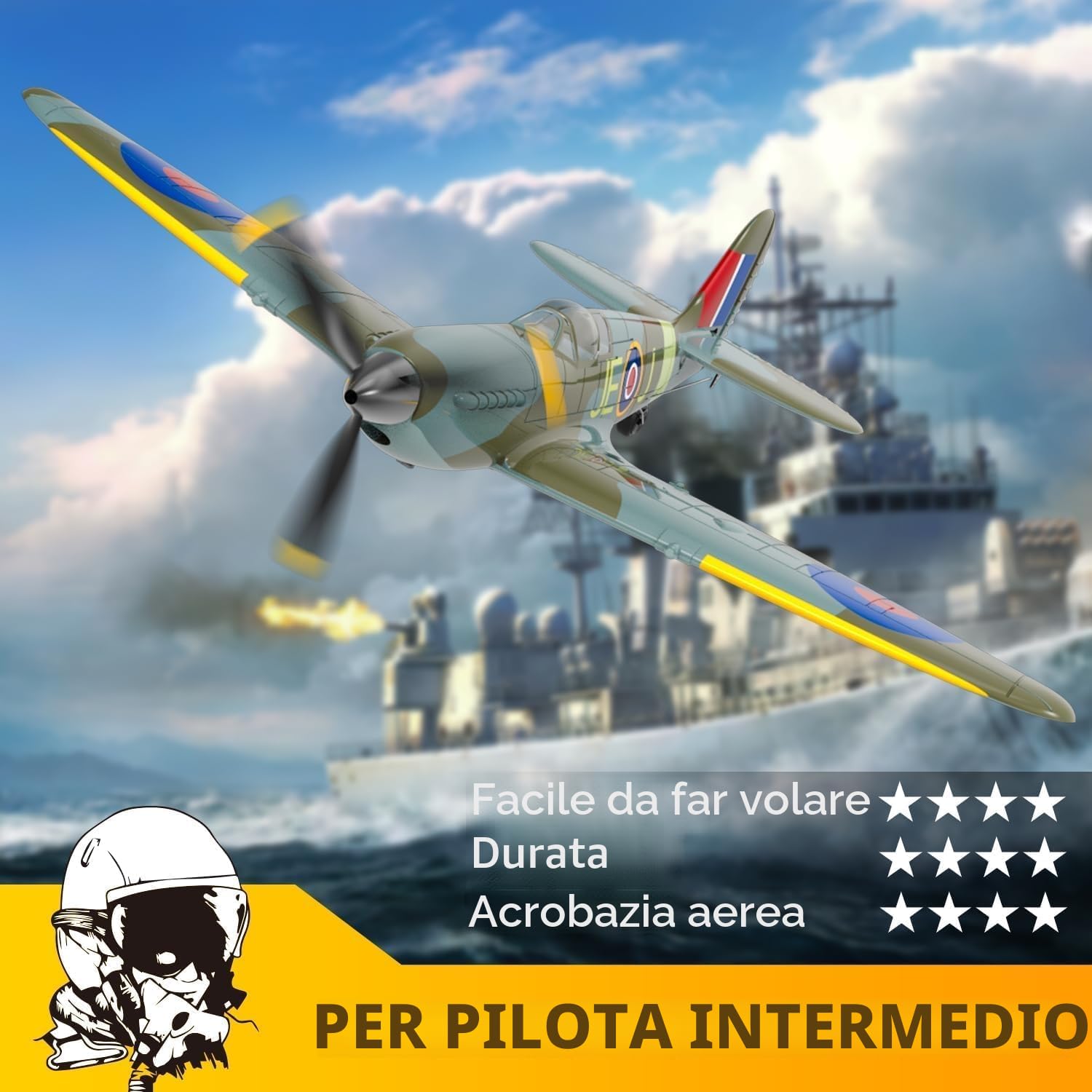 volantexrc Aereo RC, Caccia Spitfire V2 Telecomandato 4 Canali RTF con Alettoni, Gyro, Funzioni Acrobatiche e 3 Modalità, Facile da Pilotare, Aeromobile Radiocomandato