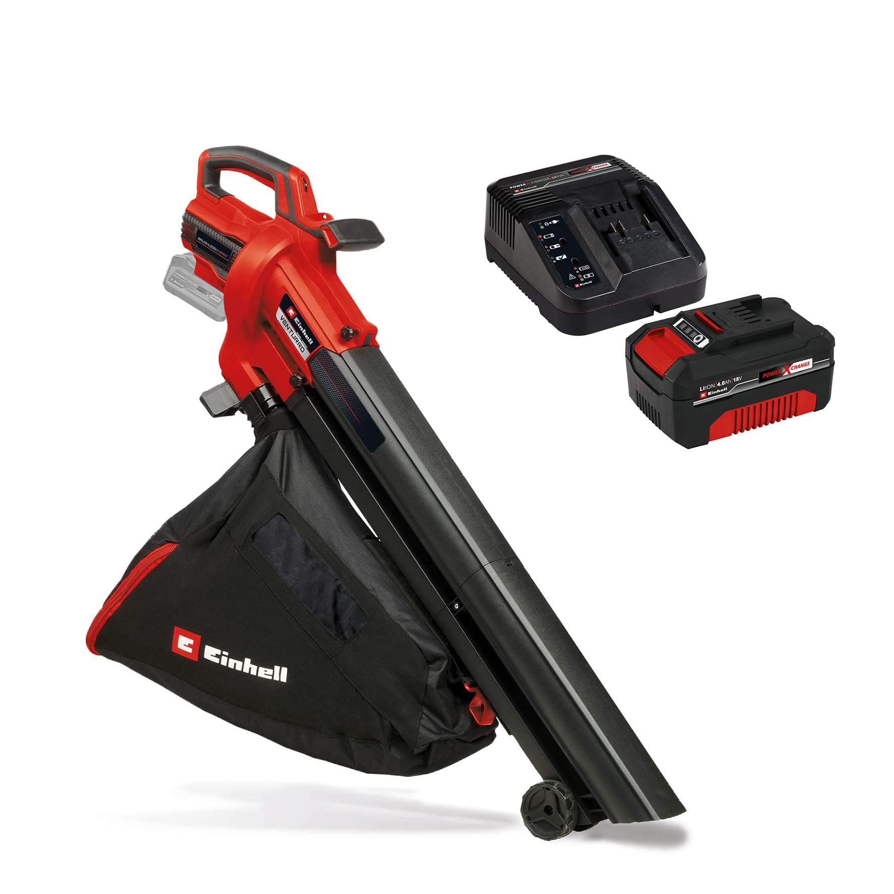 Einhell Akku-Laubsauger VENTURRO 18/210 Power X-Change (18 V, Saugleistung 500 m³/h, Fangsack 45 L, Blasfunktion bis 210 km/h, inkl. 4 Ah Akku & Ladegerät) Schwarz,Rot