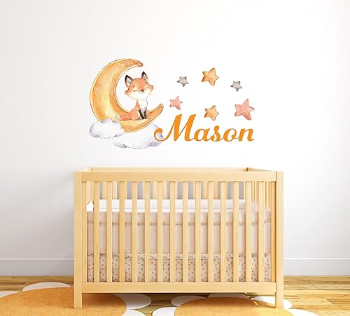 Miniatura 6 de Calcomanía de pared de zorro  Calcomanía de pared con nombre de guardería  Arte de decoración de pared con nombre personalizado  Calcomanías de