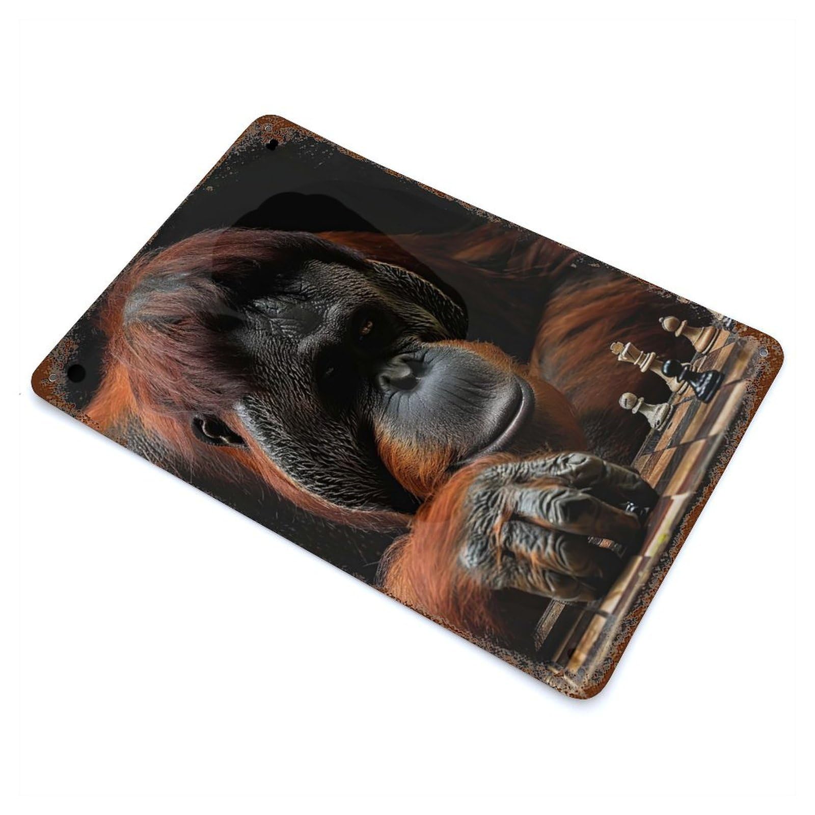 Orangutan Chess Decorative Tin Sign 11.8"x7.9", Ideal for Basement, Hobby Room And Garage Decor