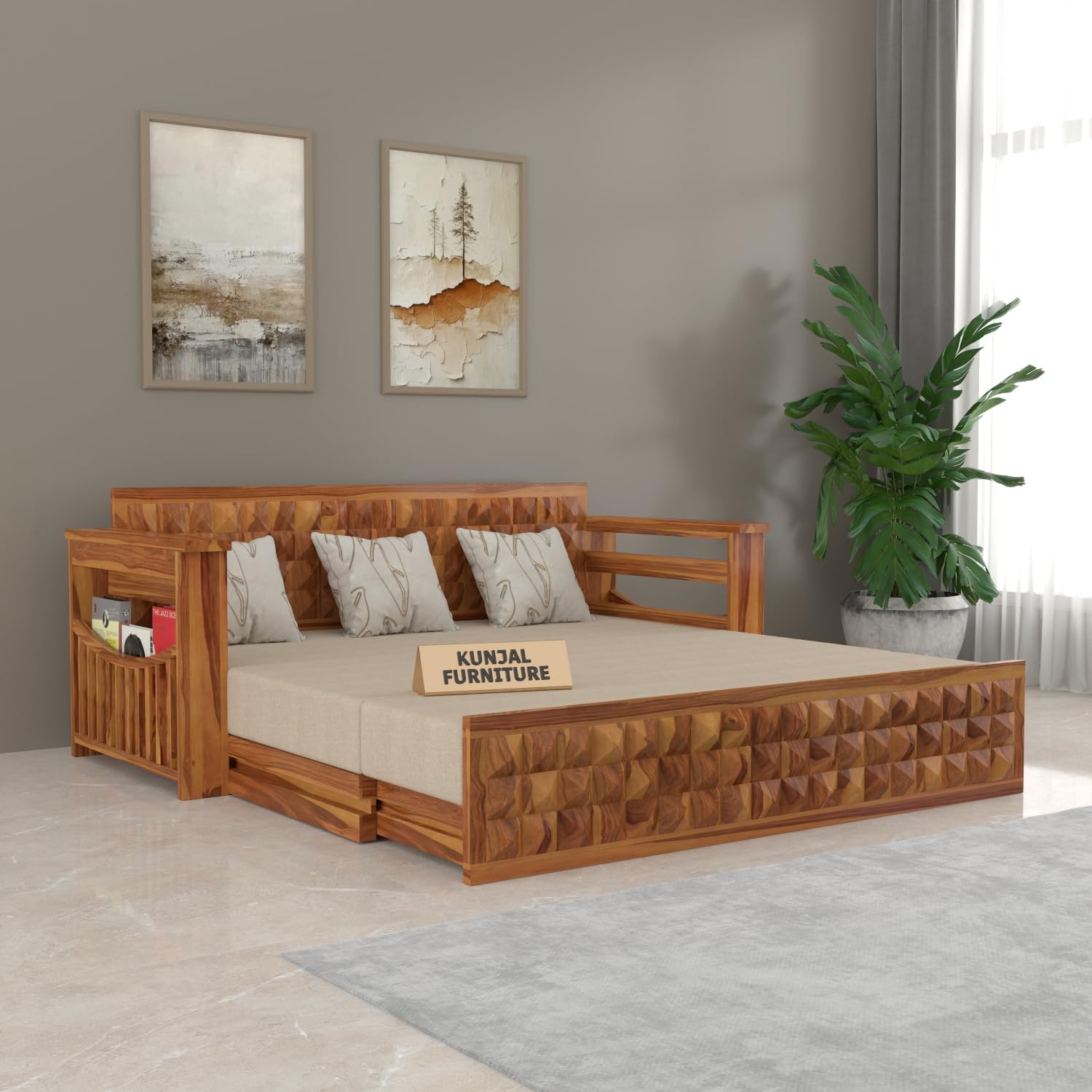 Solid Sheesham Wood Sofa Cum Bed with Storage for Living Room | Natural Finish | 3-Seater Convertible Sofa Bed | Handmade Wooden Furniture-image-17