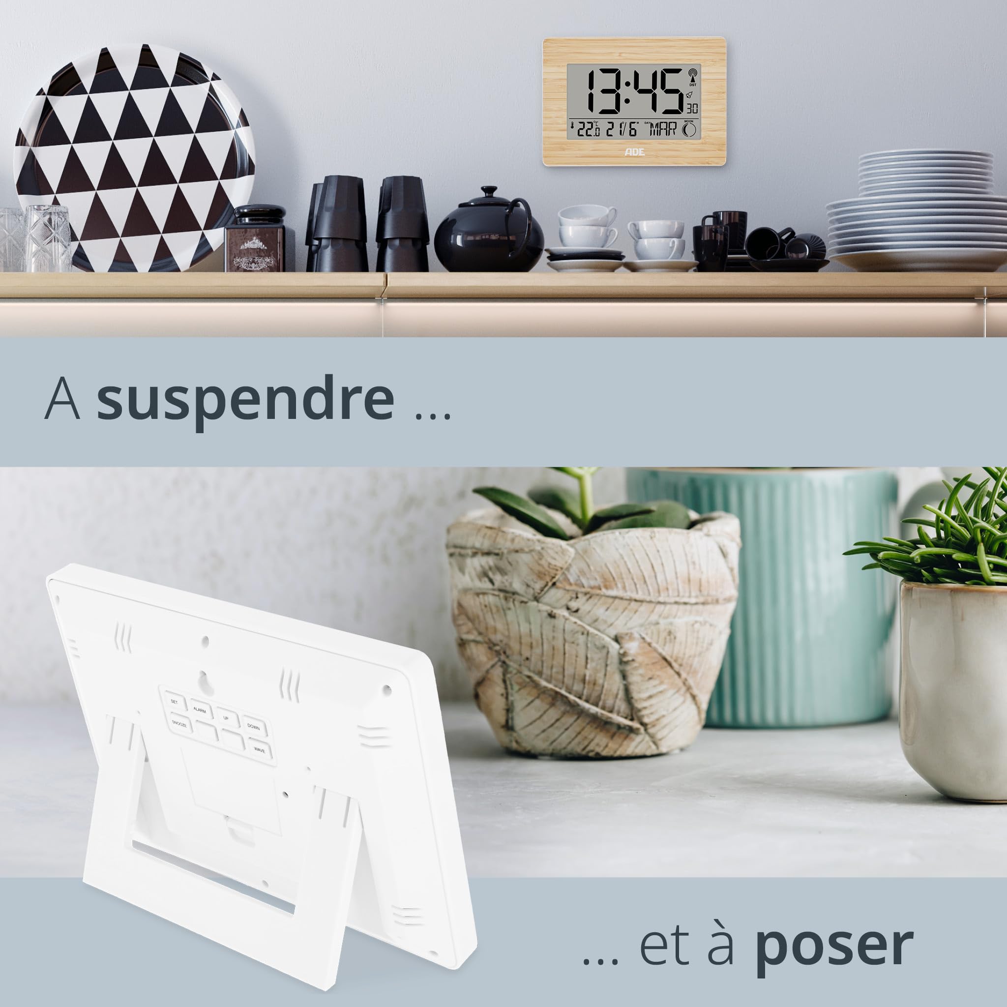 ADE Horloge Radio pilotée numérique | Chiffres XXL | Horloge Murale/de Table Digitale | Affichage de la température | Design Moderne | silencieuse | Calendrier numérique | à Piles | Cadre Bois Bambou