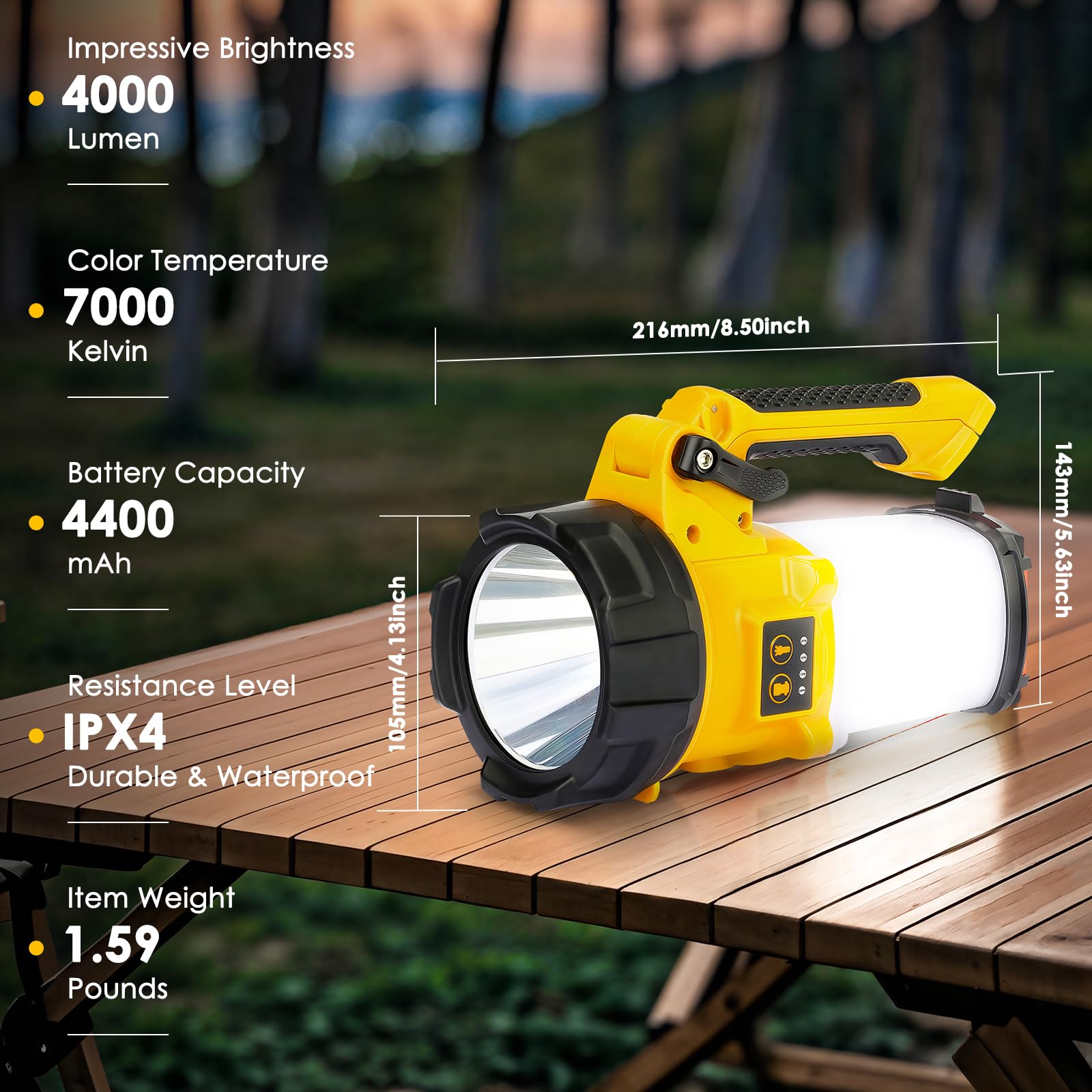 BOBKID - Linterna de camping recargable, 6 modos, linterna LED de mano con 2000 lúmenes, banco de energía de 4400 mAh, reflector impermeable IPX4, luz de trabajo para kits de supervivencia de