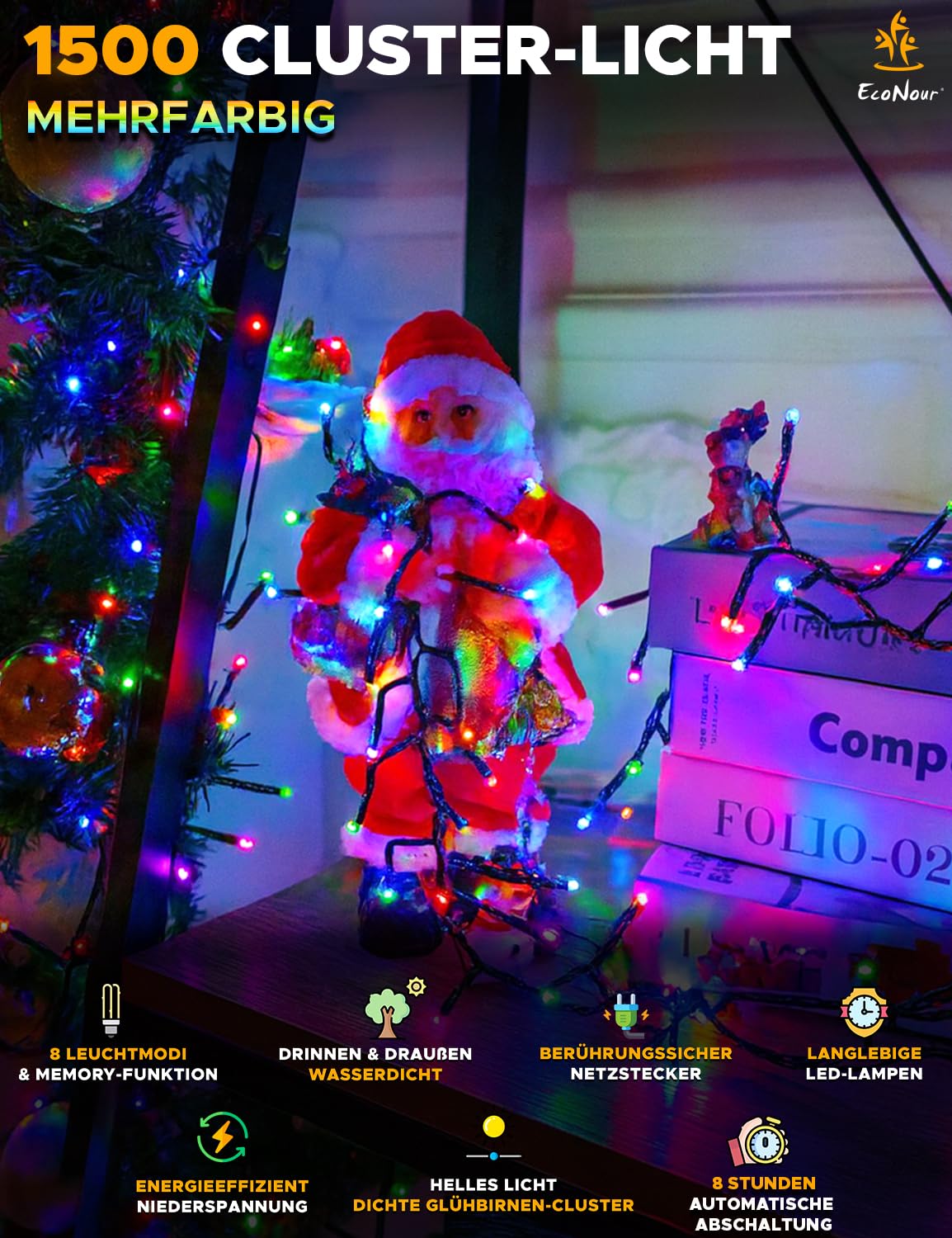 EcoNour Guirnalda luminosa con 1500 luces LED, 6 horas de duración, 8 modos de luz, conexión a la red, impermeable, para uso en interiores y exteriores, 1500 ledes, 18,75 m, multicolor