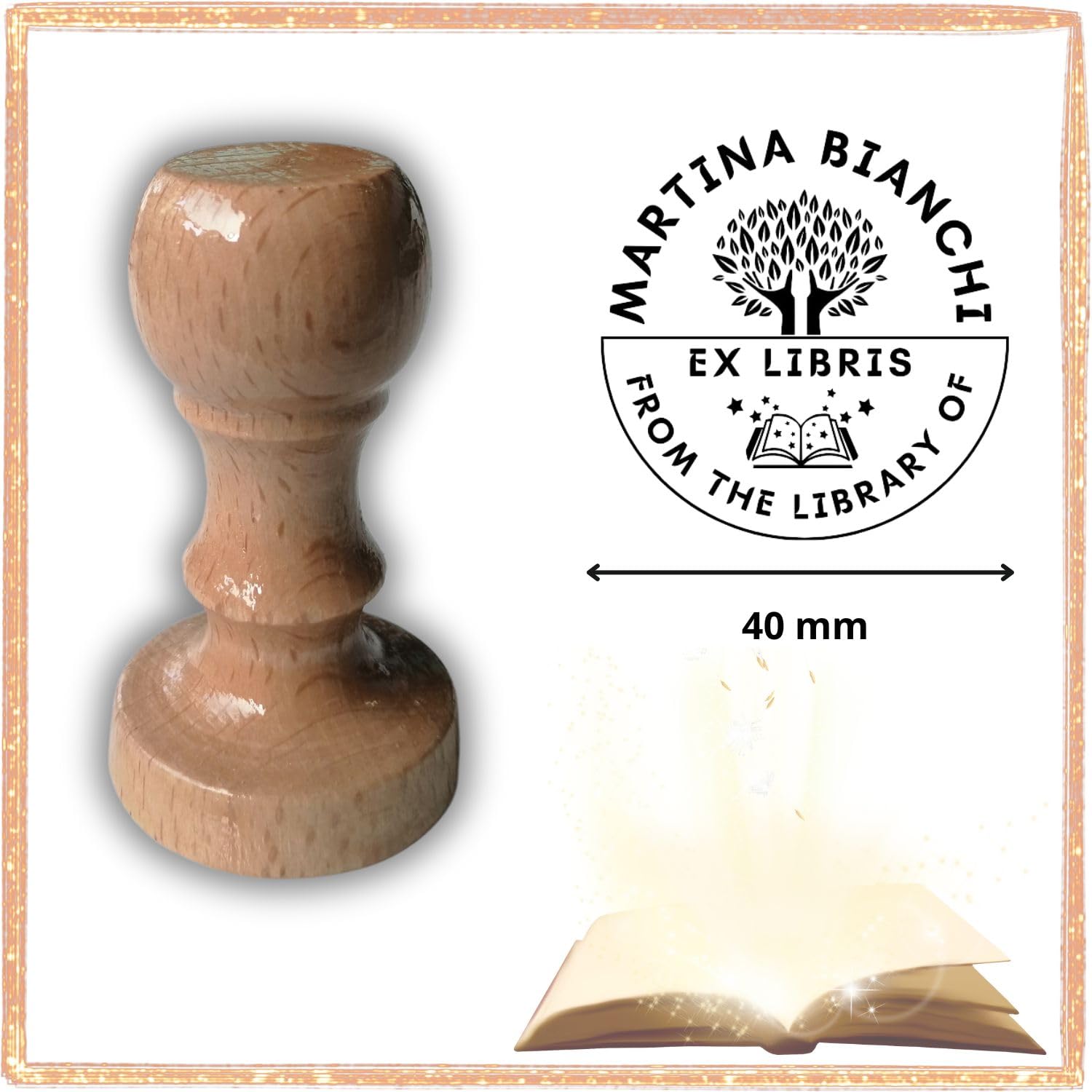 Ex Libris Personalizzabile Timbro Personalizzato in Legno Albero della Vita Idea Regalo con Scatola e Nastro 6 Grafiche Inchiostro Nero