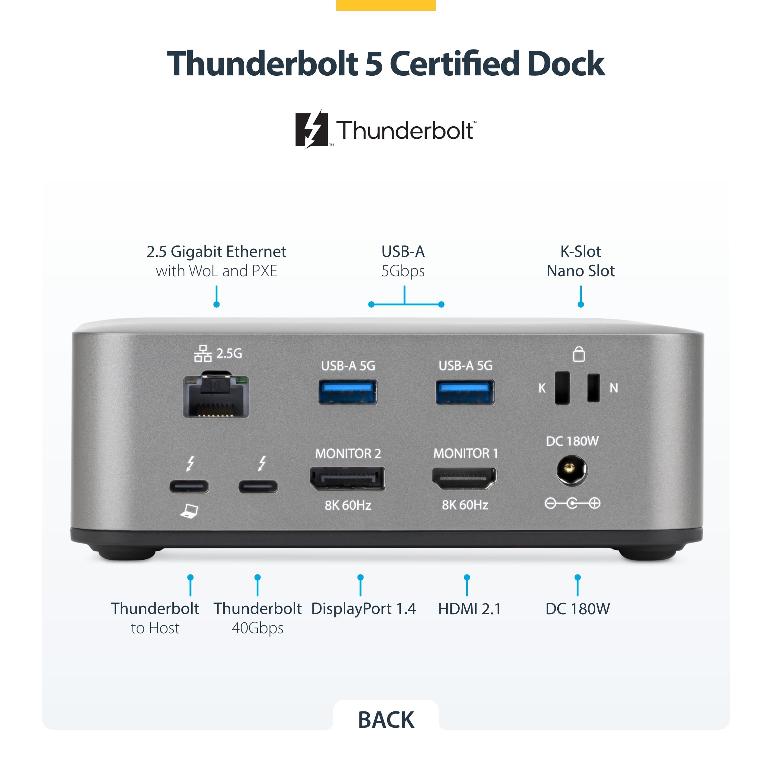 StarTech. com Thunderbolt 5 stacja dokująca, DP/HDMI, potrójna stacja dokująca do 4K 144 Hz lub podwójny 8K 60 Hz, 5 x porty USB, ładowanie laptopa 140 W