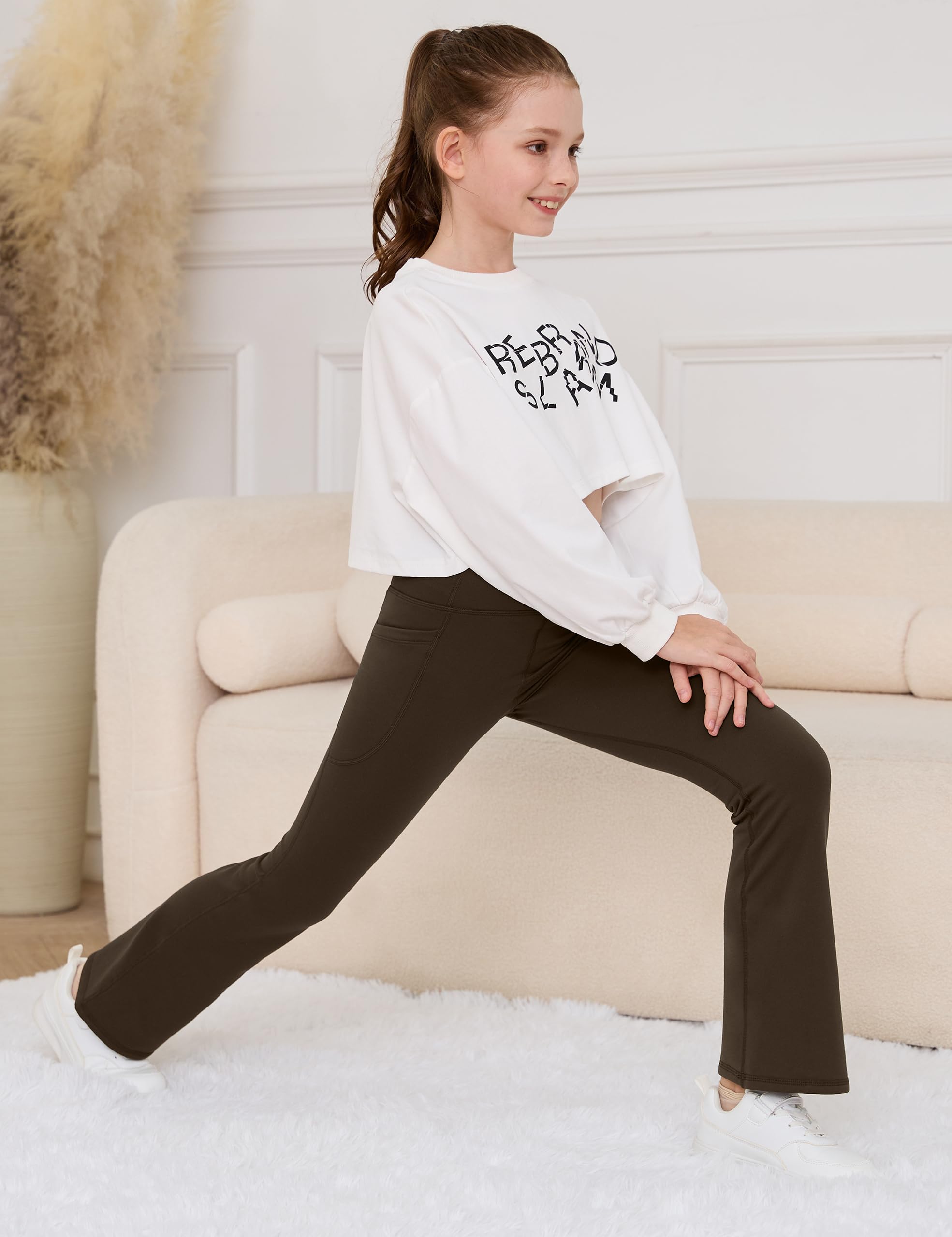 Desol Leggings termici a campana da ragazza con tasche, leggings termici da ragazza, pantaloni sportivi per bambini, ideali per ginnastica e jogging, cachi, 13-14 Anni