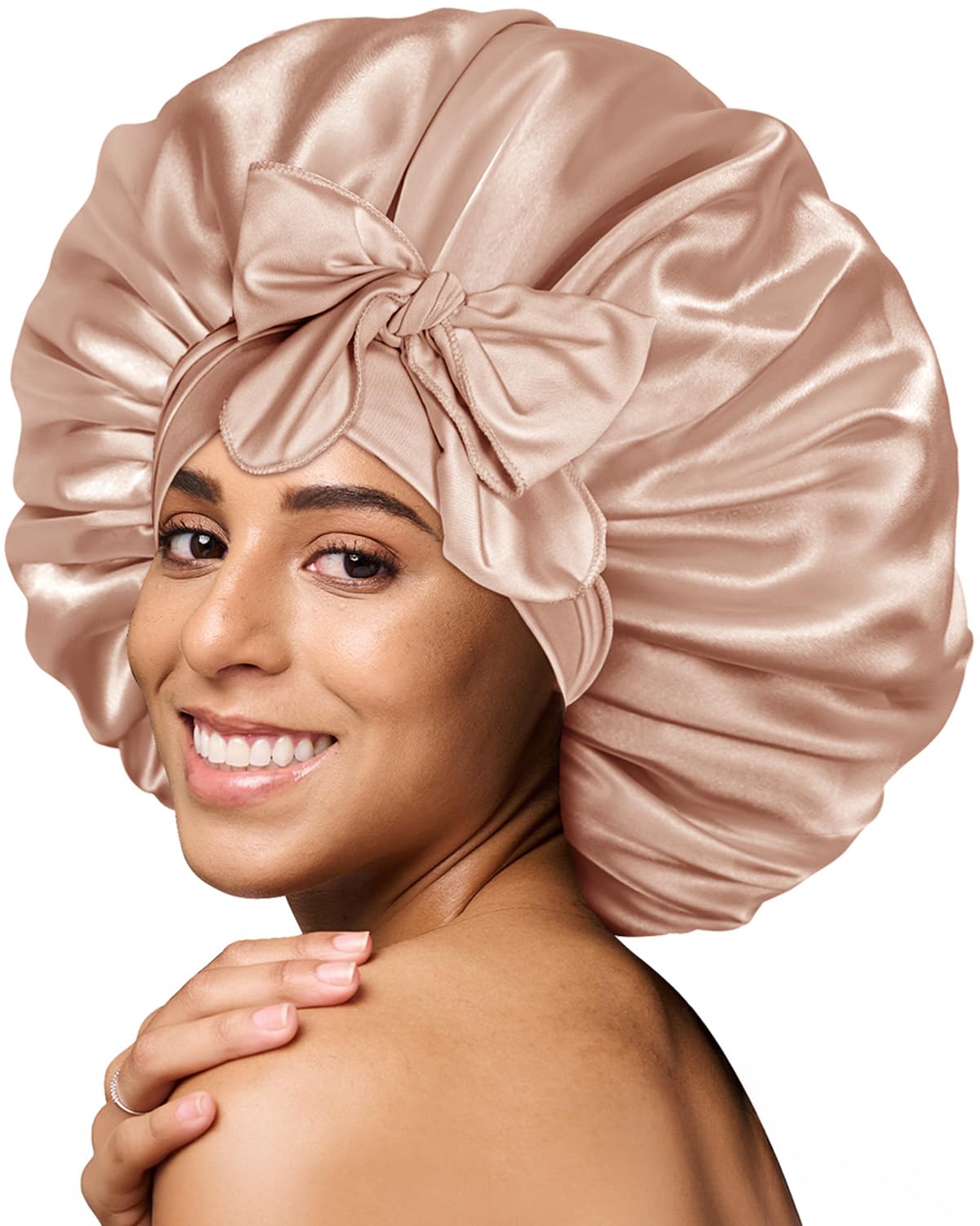 BONNET QUEEN Cuffia Seta Capelli Notte Regolabili Cuffia Capelli Ricci Bonnet con Lacci Lunghi Morbida e Protettiva Anti-Crespo, Champagne