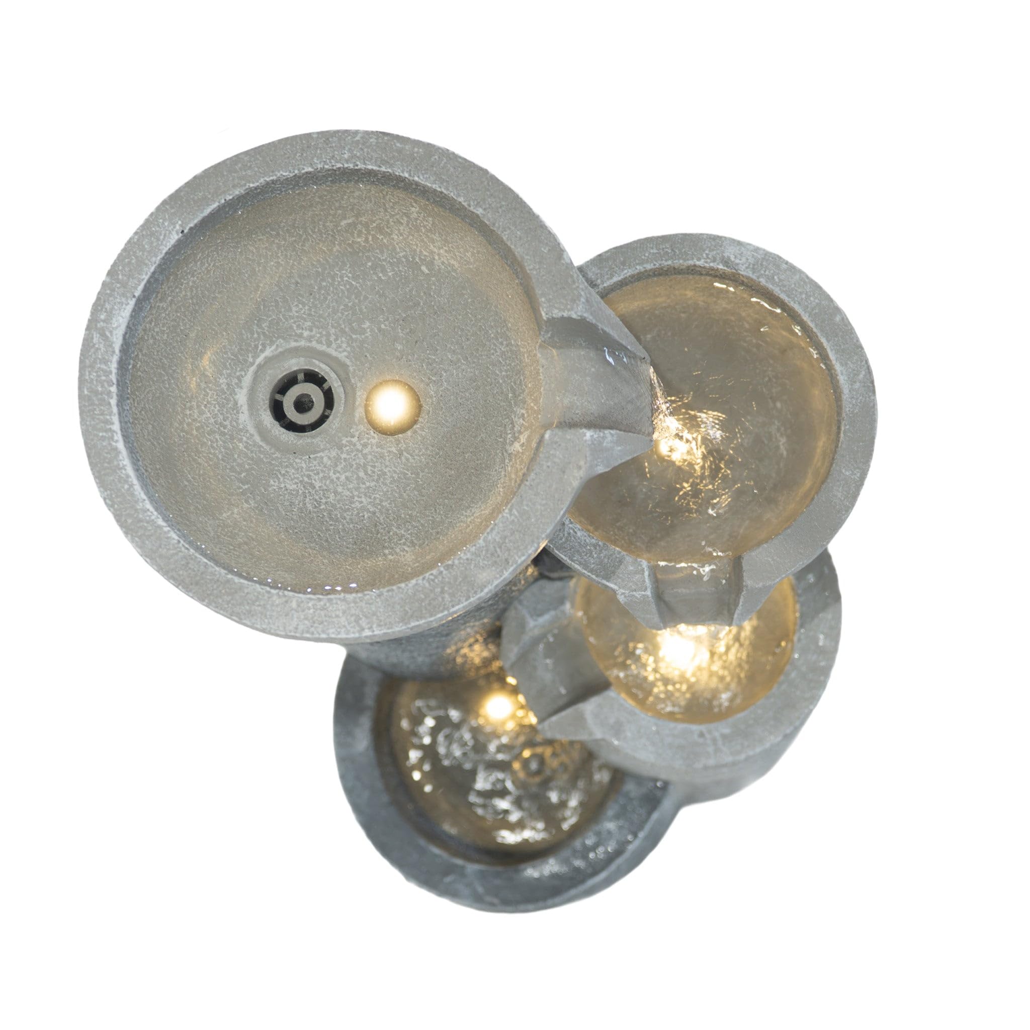 Kaskadierende Outdoor-Wasseranlage – Elektrischer Gartenbrunnen in Grau – 3 warmweiße LED-Leuchten – Netzbetriebene Pumpe – Deko für Garten & Zuhause – Tranquil Tiers – Reinigungsbürste