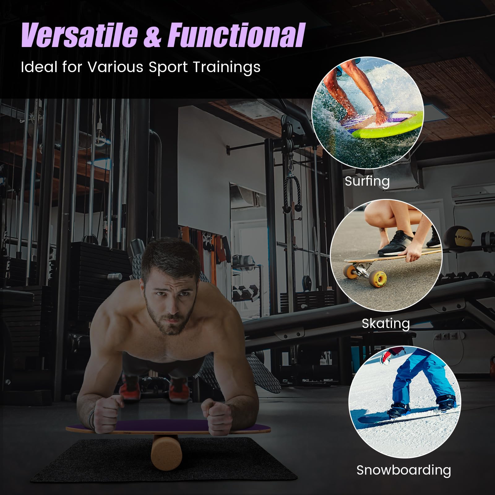 FANTASK Holz Balance Board, Balancebrett, Balance Trainer Trickboard für zuhause, inkl. Korkrolle, Balance-board aus 8 hochwertigen Holzschichten gepresst, Lila