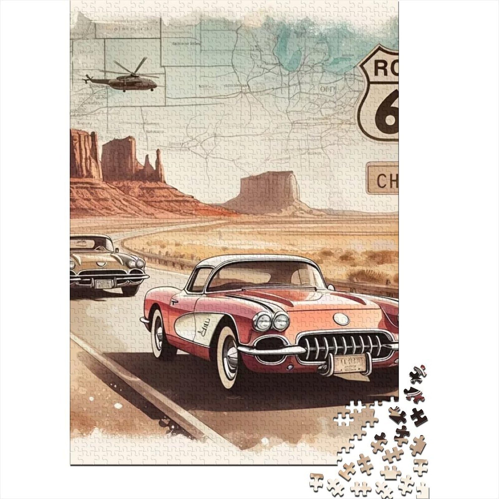 Racing Car 1000 Piece Sturdy Paper Route 66 Cars Puzzle Parent-Child Interactive Game Home Leisure HD Printing 70x50cm/1000pcs