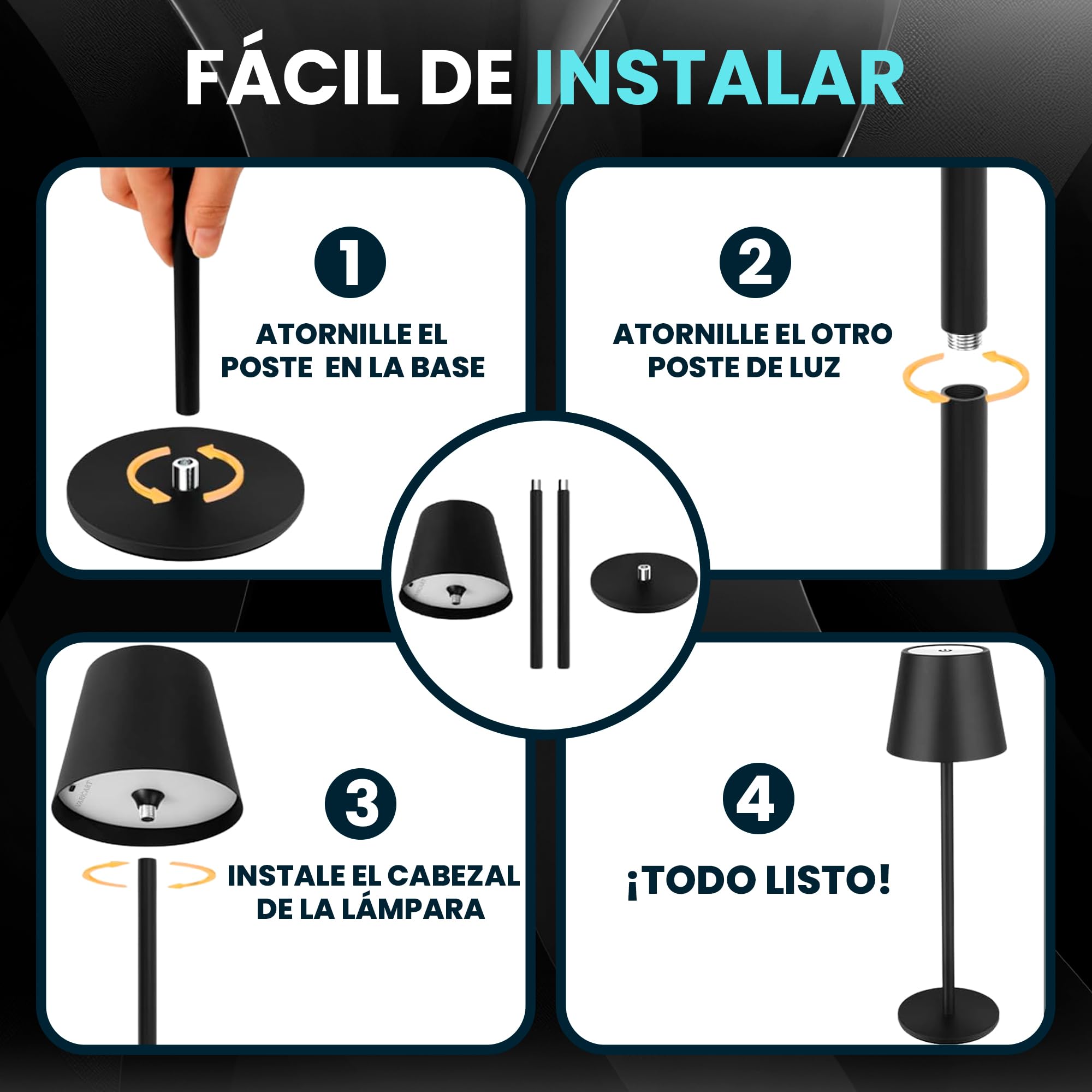 PACK AHORRO 2 Lámparas LED de Mesita de Noche Color Negro para Dormitorio sin Cables I Lámpara Táctil de Mesa de Lectura Recargable I 3 Modos de Luz con Brillo y Altura Ajustable.