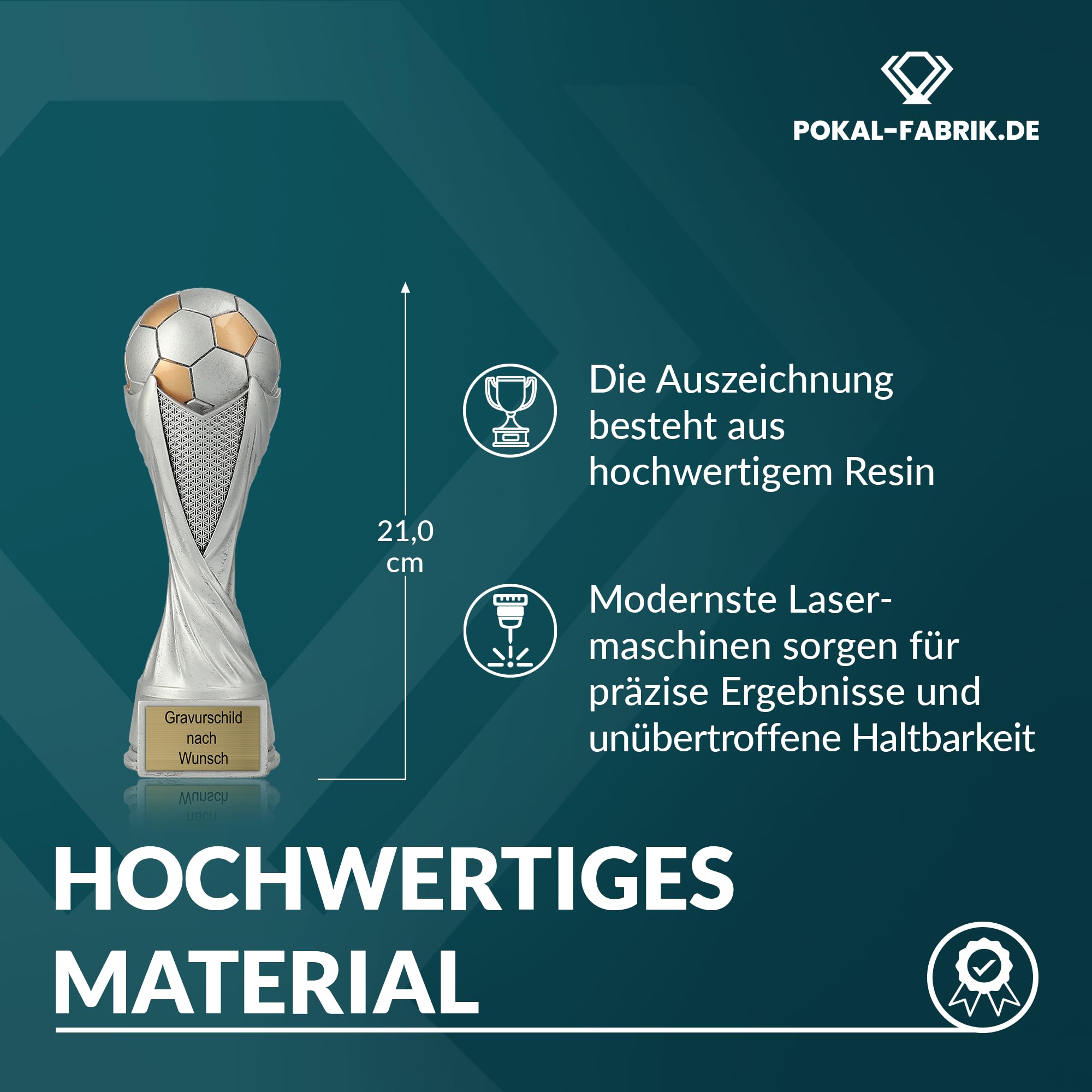 Pokal-Fabrik - Fußball Pokal mit Gravur Wunschtext 21 cm Resin Sportfigur – personalisierte Geschenk-Trophäe für Fussball WM, Sport Events, Wanderpokal und Kindergeburtstag