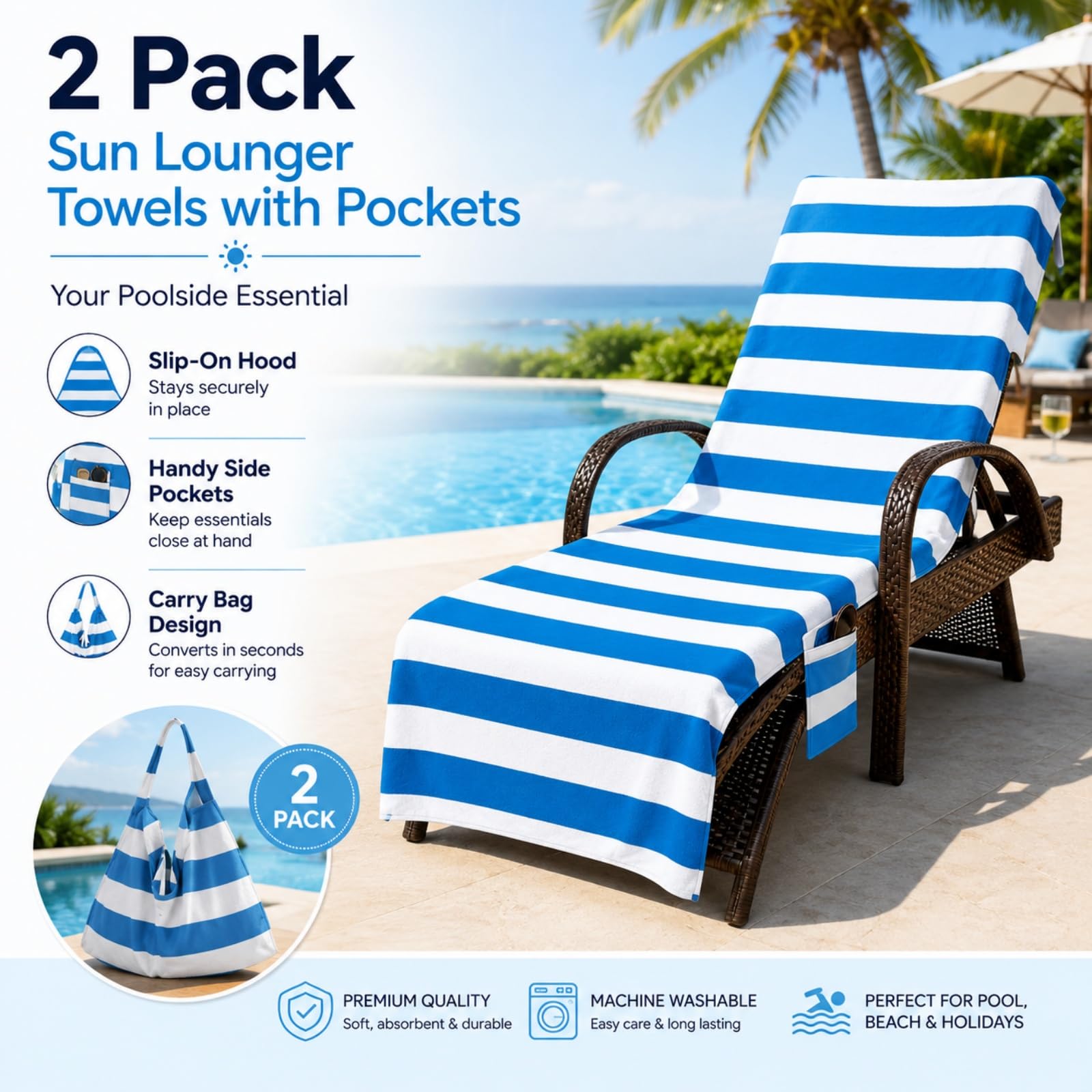 2er Pack Strandtuch mit Seitentaschen (Sternblüten,210x74cm) | Liegetuch mit Kapuze Anti-Rutsch Schnelltrocknend Mikrofaser Handtuch für Sonnenliege Gartenliege & Pool