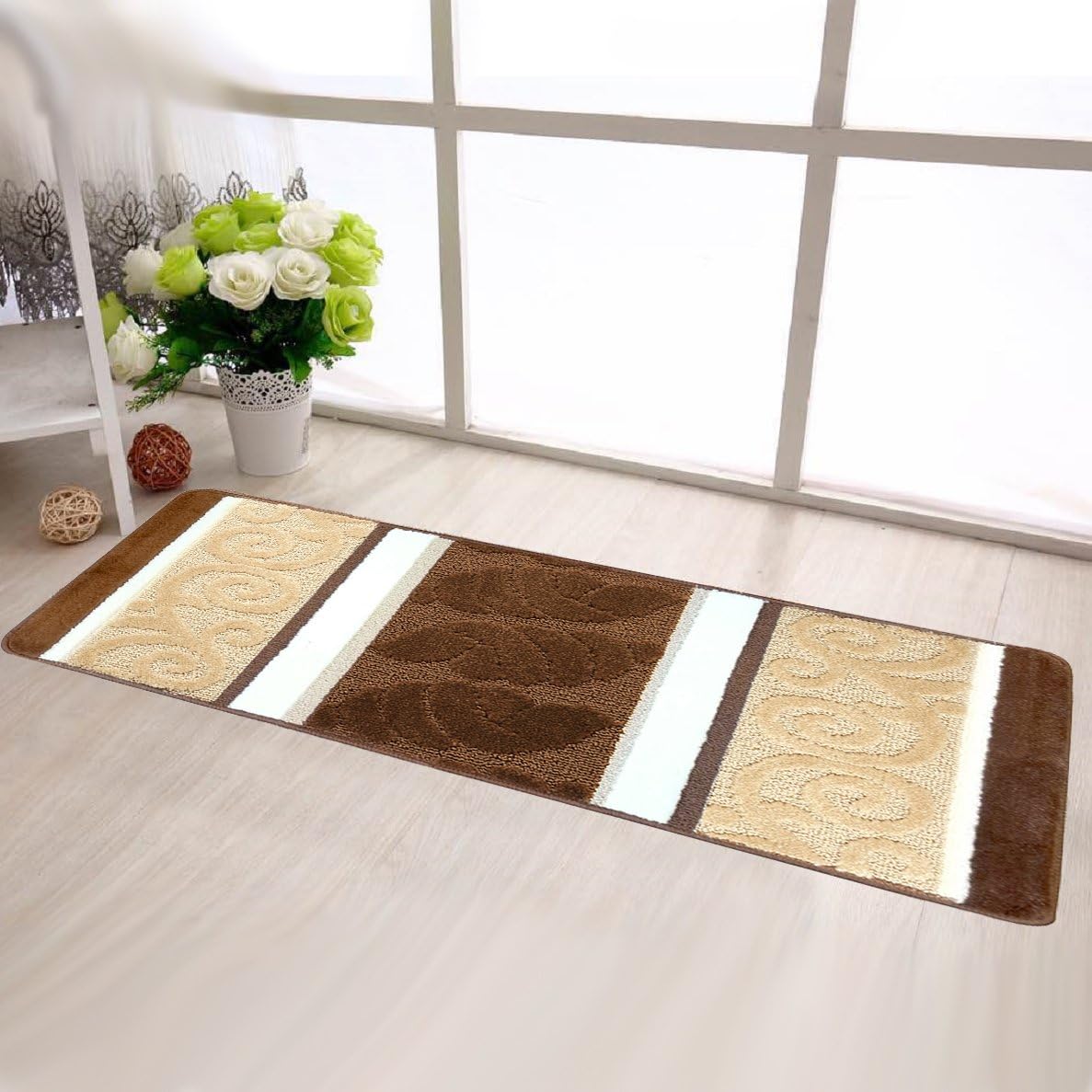 HEBE Kitchen Rugs Set 2 Piece Non Slip Machine Washable Kitchen Mats and Rugs Runner Set Rubber Backing Indoor Outdoor Entry Floor Carpet Entrance Door Mat Runner(18"x47"+18"x30", Brown)