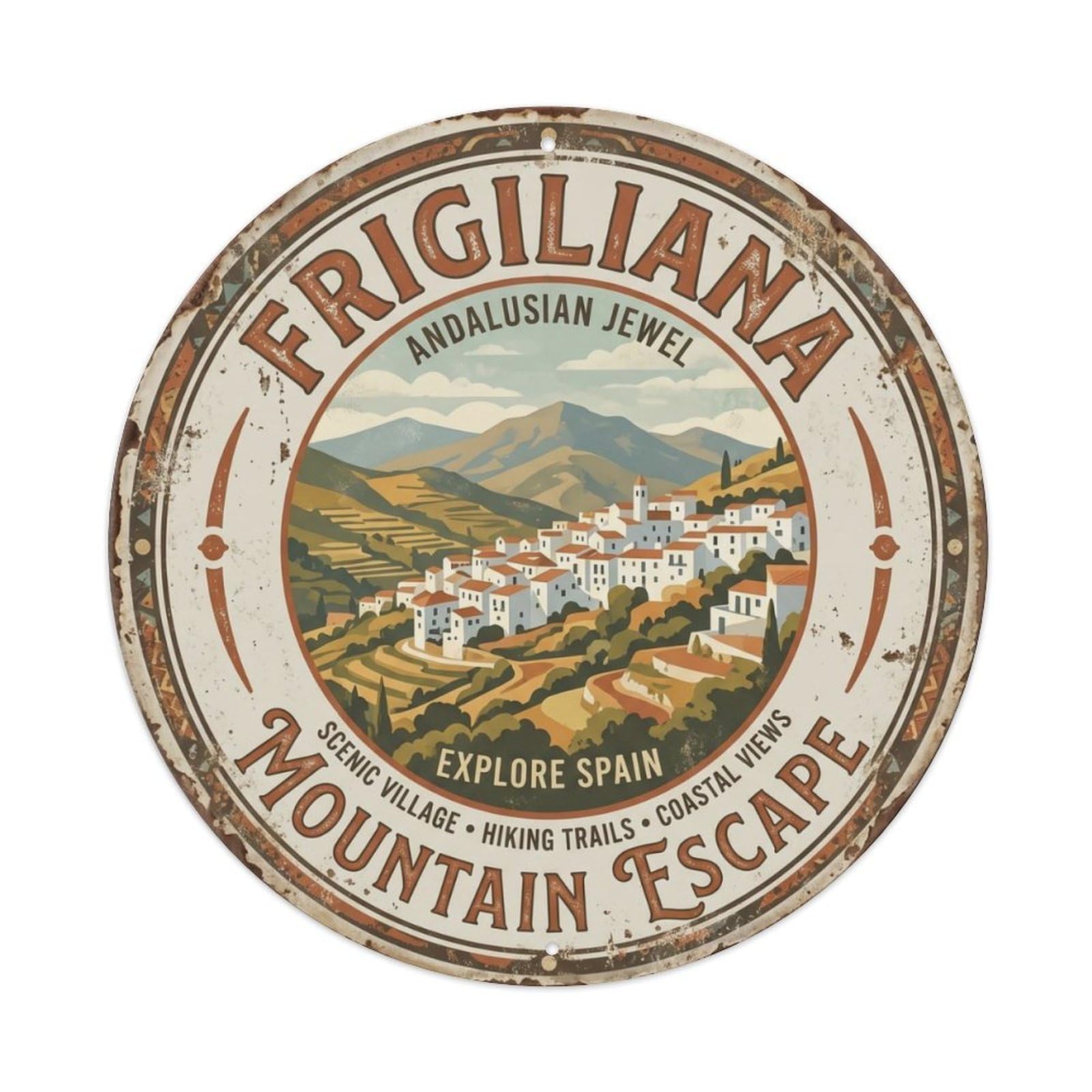 Vintage Travel Mountain Spain Andalusia Metal Tin Sign Plaque Wall Decor for Cafe, Club Bar, Office, Home Garden Round Metal Poster 8x8Inch