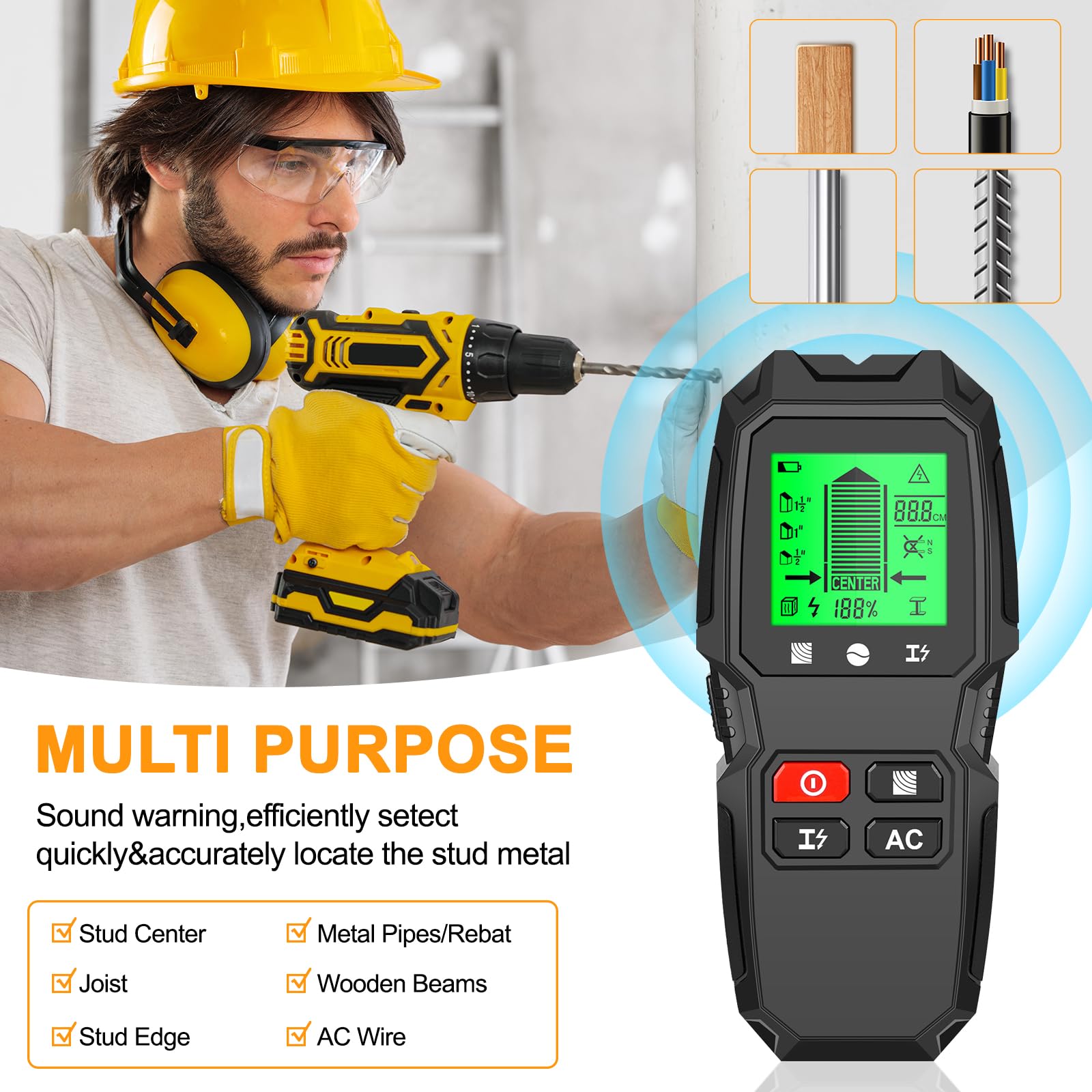 Stud Finder Wall Scanner,WOVTE 7 in 1 Electronic Stud Finder Detector, Audio Alarm and HD LCD Display for Wood AC Wire - Image 4