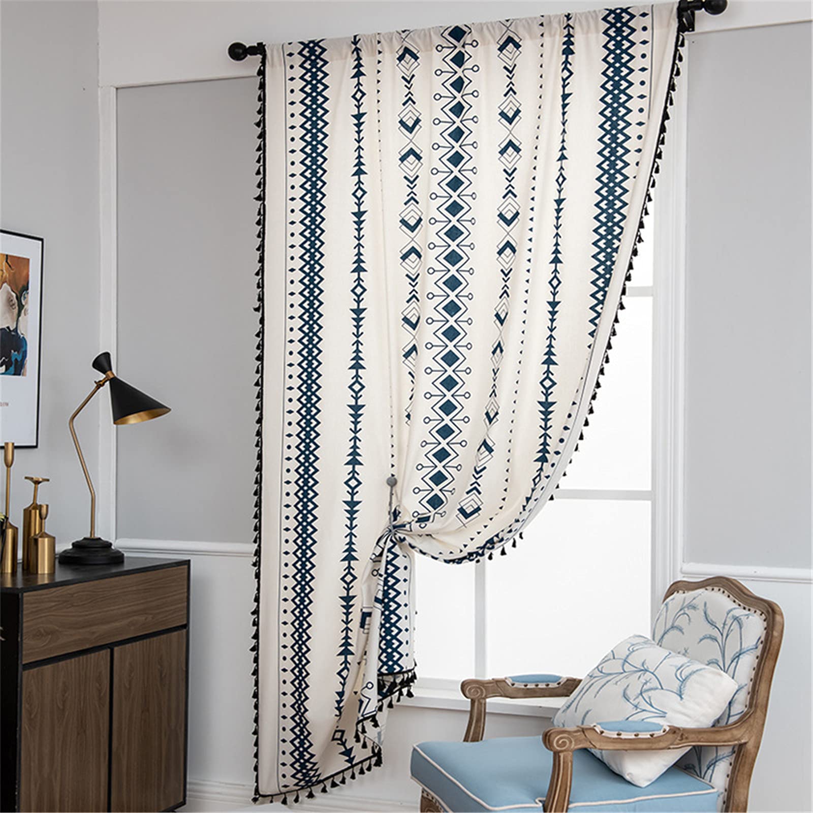 SWECOMZE 1 tenda in lino boho, effetto lino, con nappa, per soggiorno, camera da letto, motivo geometrico, tenda oscurante (stile B, 160 x 150 cm (A x L)