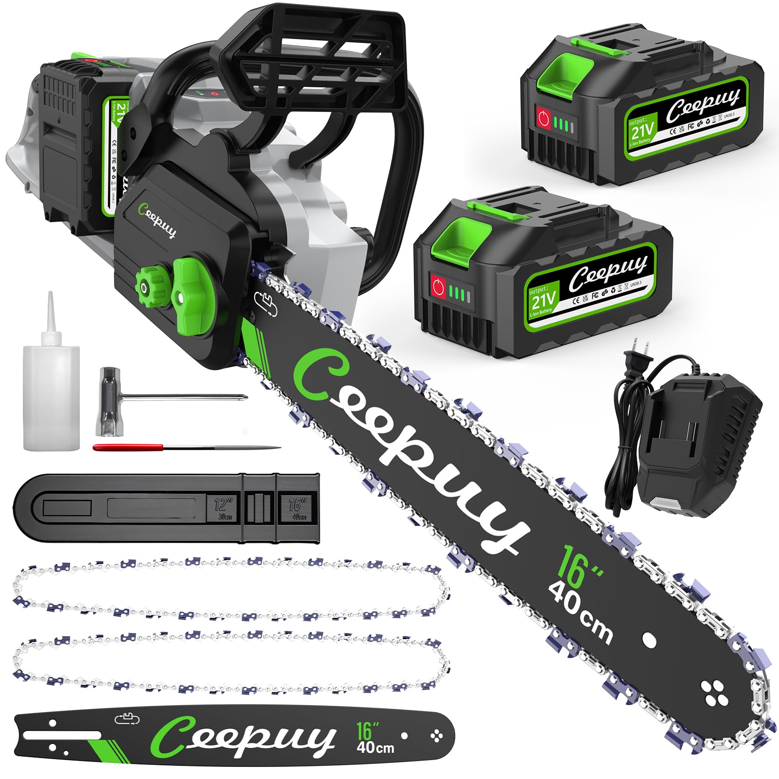 CEEPUY 16-inch Electric Chainsaw Cordless, Handheld Chain Saws with 2 x 4.0Ah Battery, Tree Saw with Tool-free Chain Tension, Auto Oiling for Wood Cutting Trimming Branch