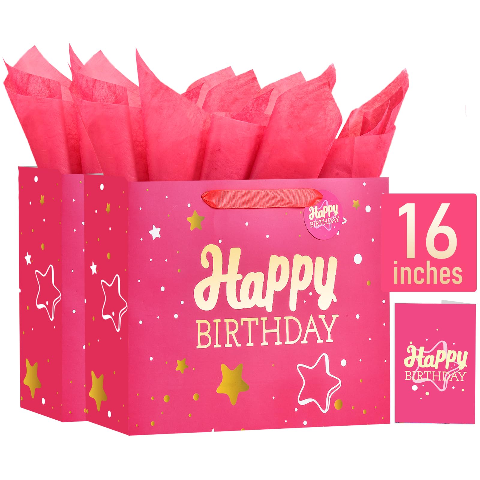 Powbrace Birthday Gift Bag with Tissue Paper and Card(2 PCS True Pink, 16")