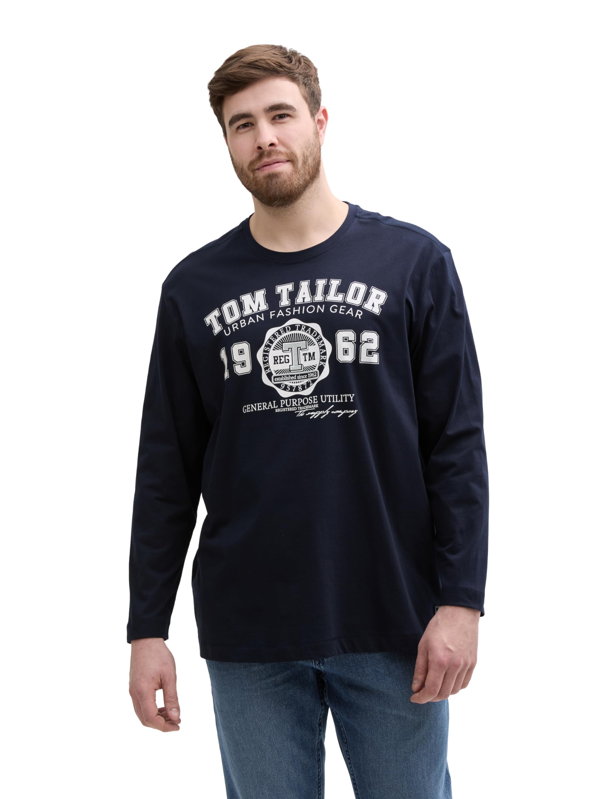 TOM TAILOR Herren Plussize Plus Size - Langarmshirt mit Logo-Print