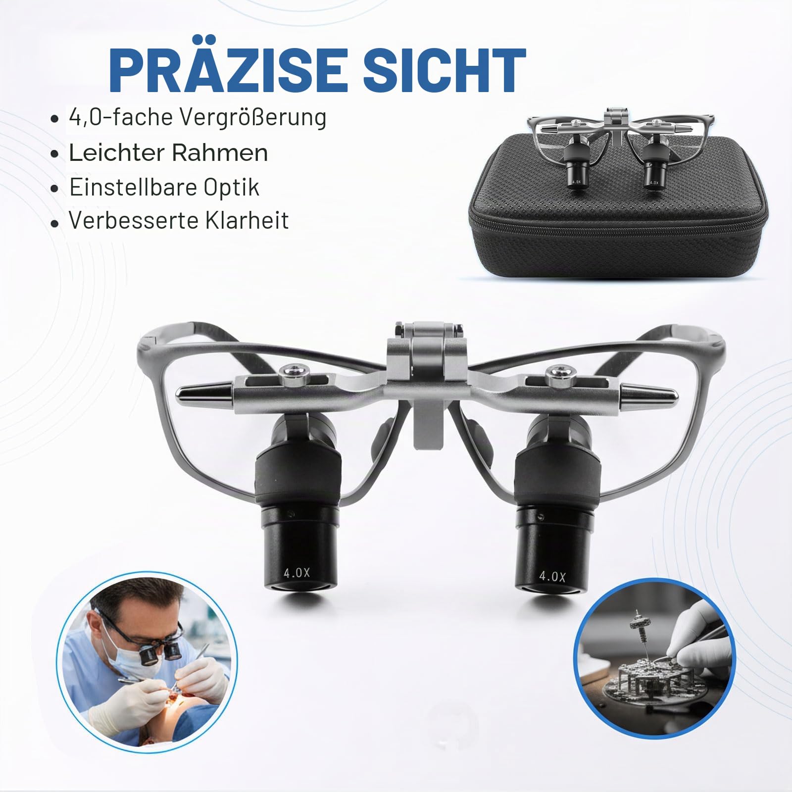 BONEW Orale hohe Vergrößerung, 4X/5X/6X, ultraleicht, ergonomisch, chirurgische Fernglaslupe, 45° Ergo-Lupe, chirurgische Lupe, Arbeitsabstand 350–450 mm, gebogene Linse, verstellbar (4,0-fach)