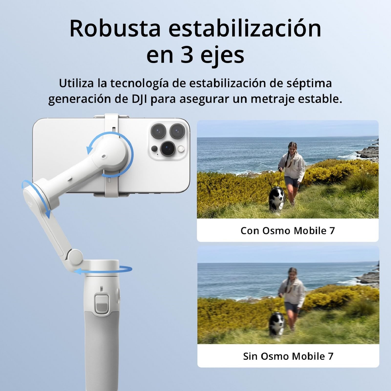 DJI Osmo Mobile 7 Estabilizador para iPhone, Android, Trípode integrado, Ultraligero, Estabilizador de teléfono de 3 ejes, ActiveTrack 7.0, ShotGuides, Edición con un toque, 10 horas de uso