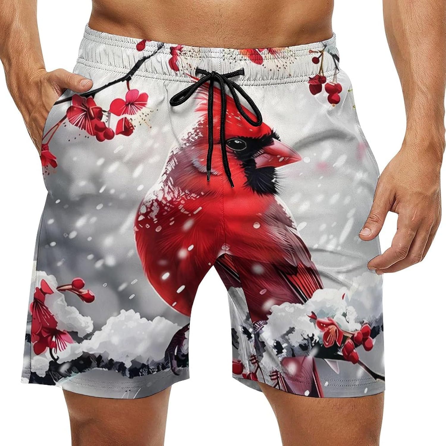 Red Bird Snowy Day Casual Men's Swim Trunks Novelty Summer Beach Shorts Swimwear with Pocket