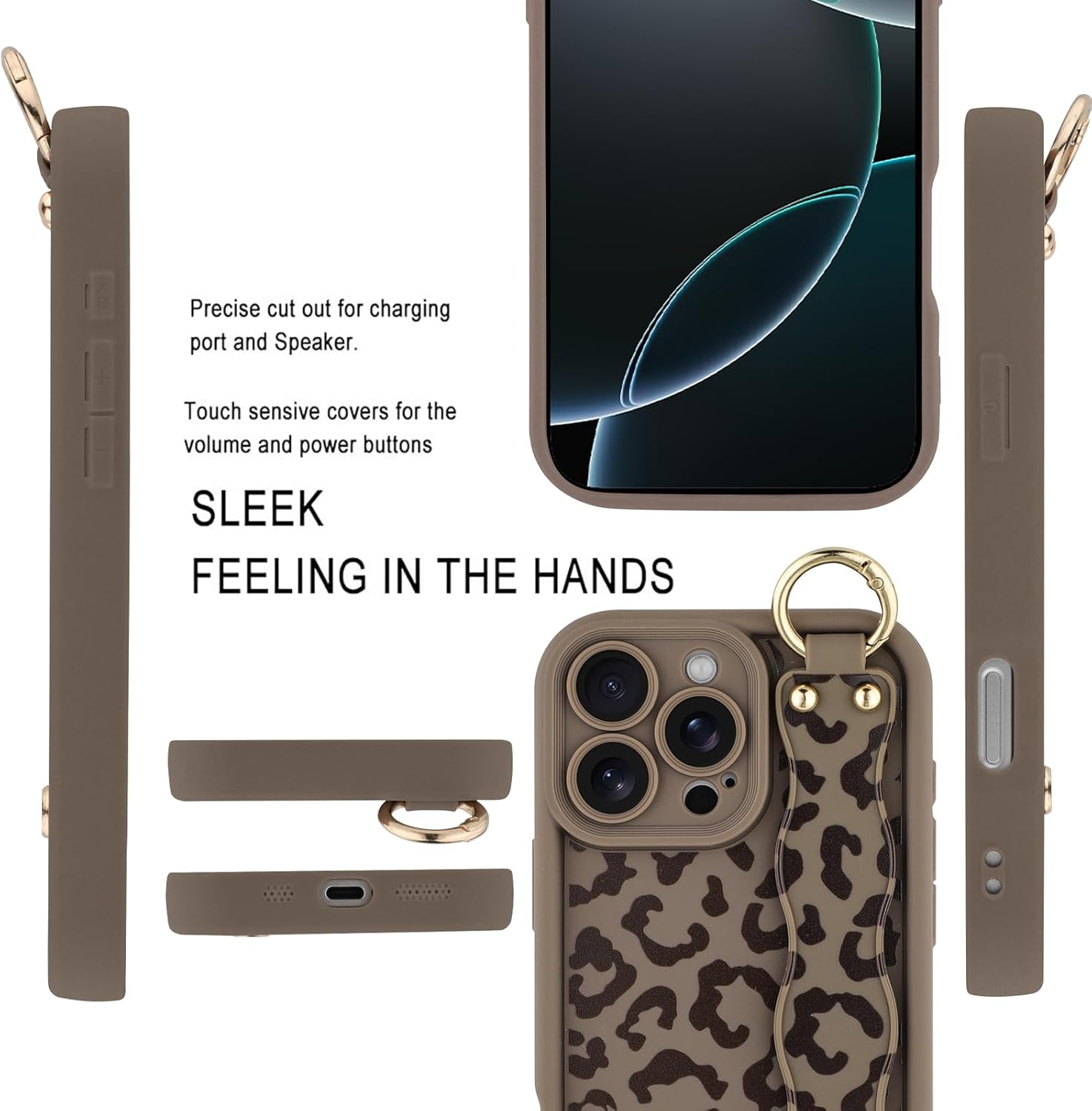 MOWIME Compatible with iPhone 16 Pro Max Case with Wrist Strap, [Upgraded] Adjustable Wristband Kickstand Case for Women Girls, Cheetah Print Shockproof Silicone Protective Cover 6.9 inch, Brown - Image 5