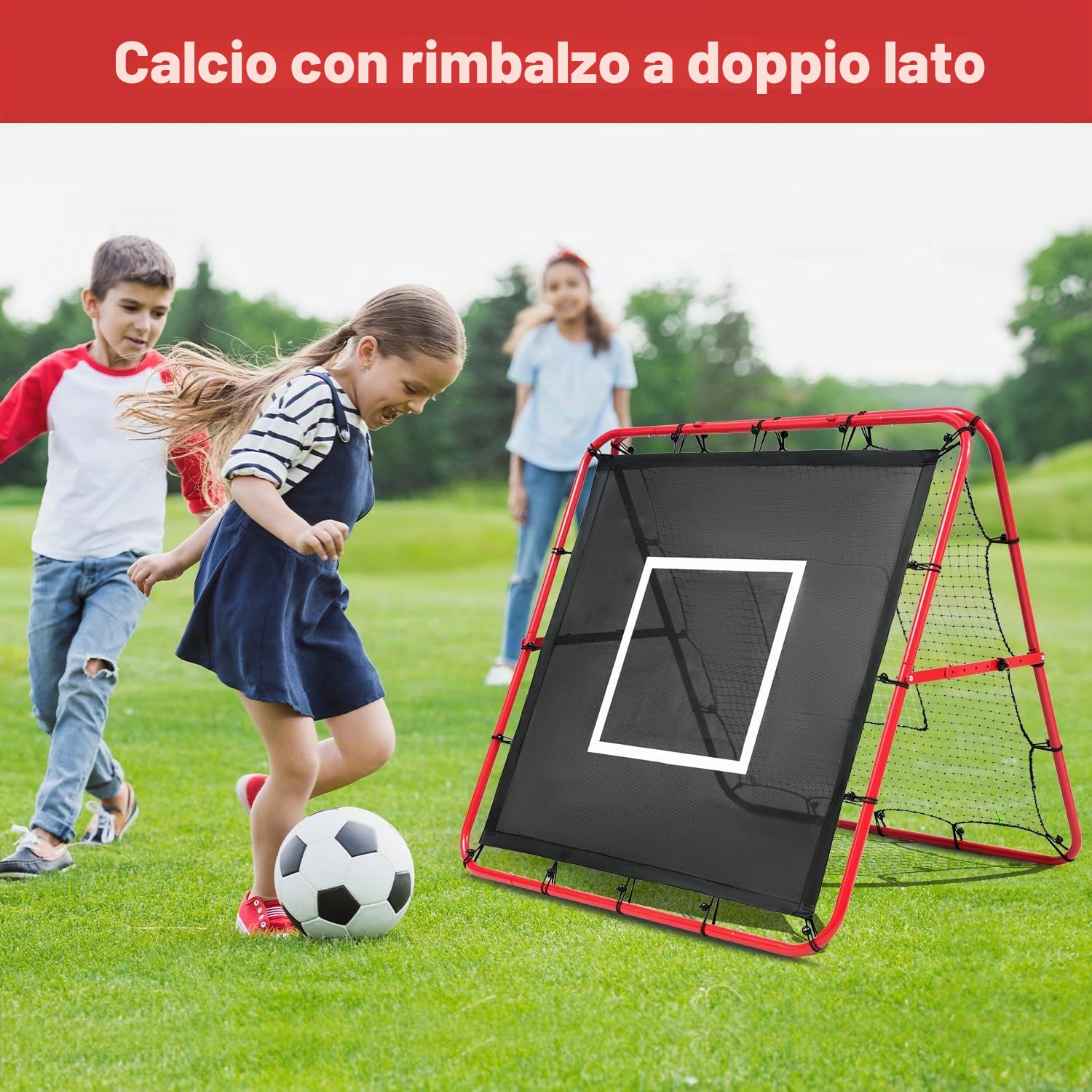 BAGAIL Rete Rebounder Doppio Lato, Pali Dipinti Rinforzati, Angoli Regolabili, Struttura Foderabile, Rete Rebound con Target per Allenamento Abilità, Obiettivi Calcio Portatili per Giardino