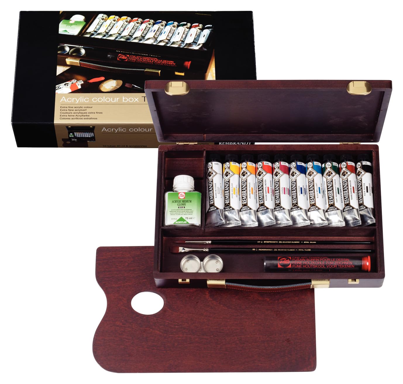 Rembrandt Estuche de pintura acrílica profesional caja de madera de lujo Tradicional | 10 tubos (40 ml) + pinceles y accesorios