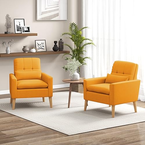 Miniatura 8 de Giantex Silla decorativa moderna, sillón de tela de lino de mediados de siglo con almohada lumbar, cojín de respaldo y asiento, cómoda silla