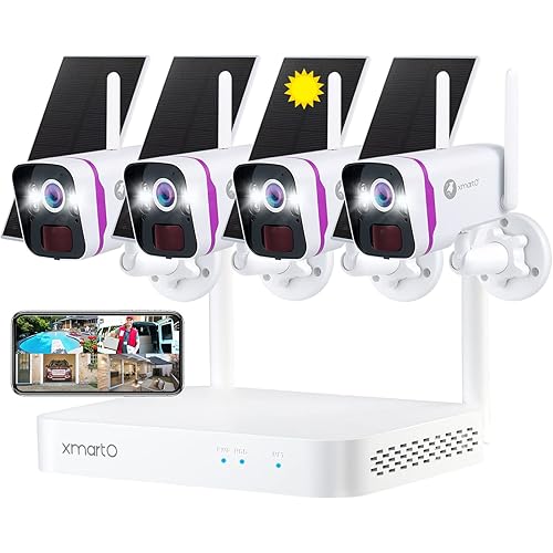 xmartO Wireless Solar Security Camera System, 10CH 4K Expandable WiFi6 NVR+4*4MP 2K Outdoor Cams, All Weather Solar, 2-Way Audio, IR&Color NV, Long Range WiFi Mesh, Free 120-Day Video,No Monthly Fees