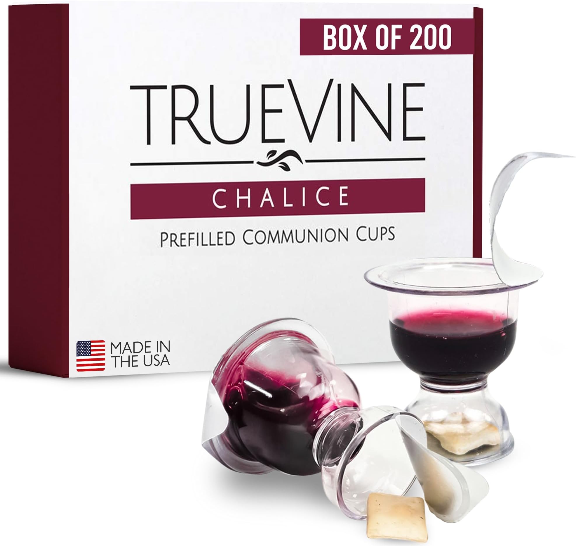 - TrueVine Chalice Communion Cups and Wafer Set - Prefilled Cups w/ Fresh Unleavened Bread & Grape Juice - Carefully Packaged & Easy to Open Elements for your Church Services, Fits in Trays (200 Count)
