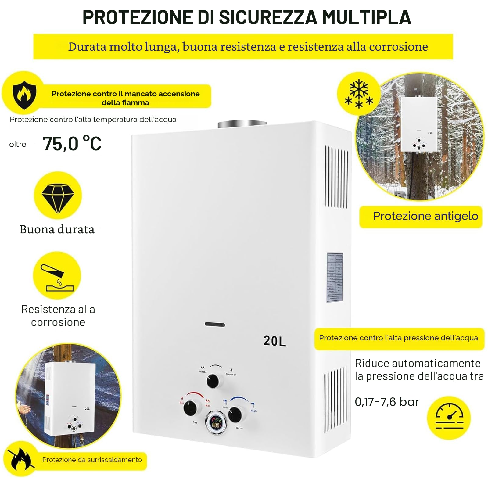Scaldabagno a Gas 20L, All'aperto Portatile Scaldabagno Istantaneo a Propano Con Display Digitale Multi-Protezione Parete senza Serbatoio Scaldacqua Istantaneo Automatico