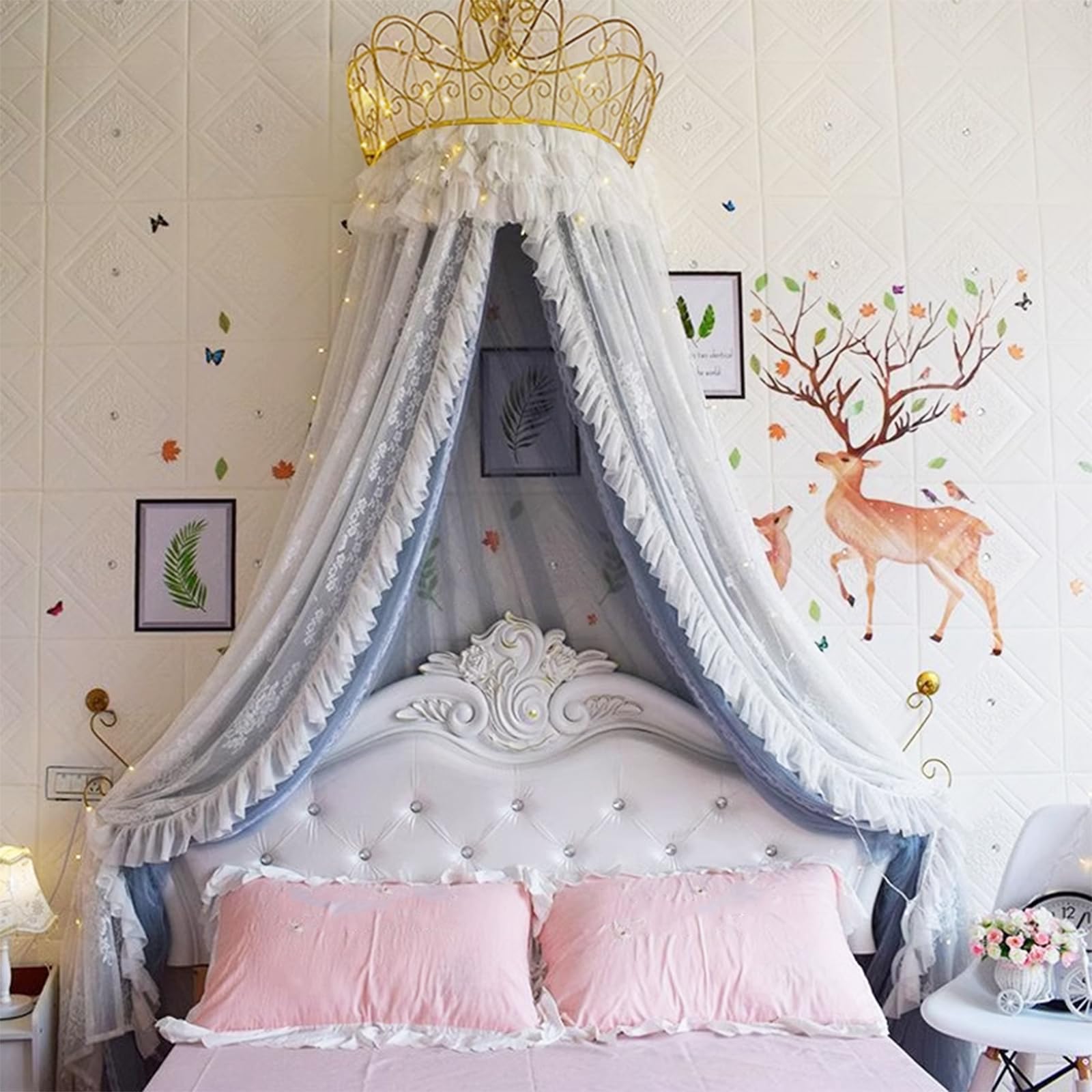 GJMSSMY Bed Canopies & Drapes with Metal Crown, Court Mosquito Net with Decorative Drapery, Cute Decorative Yarn Bed Curtains Drapery Play Tent for Over Beds or Windows